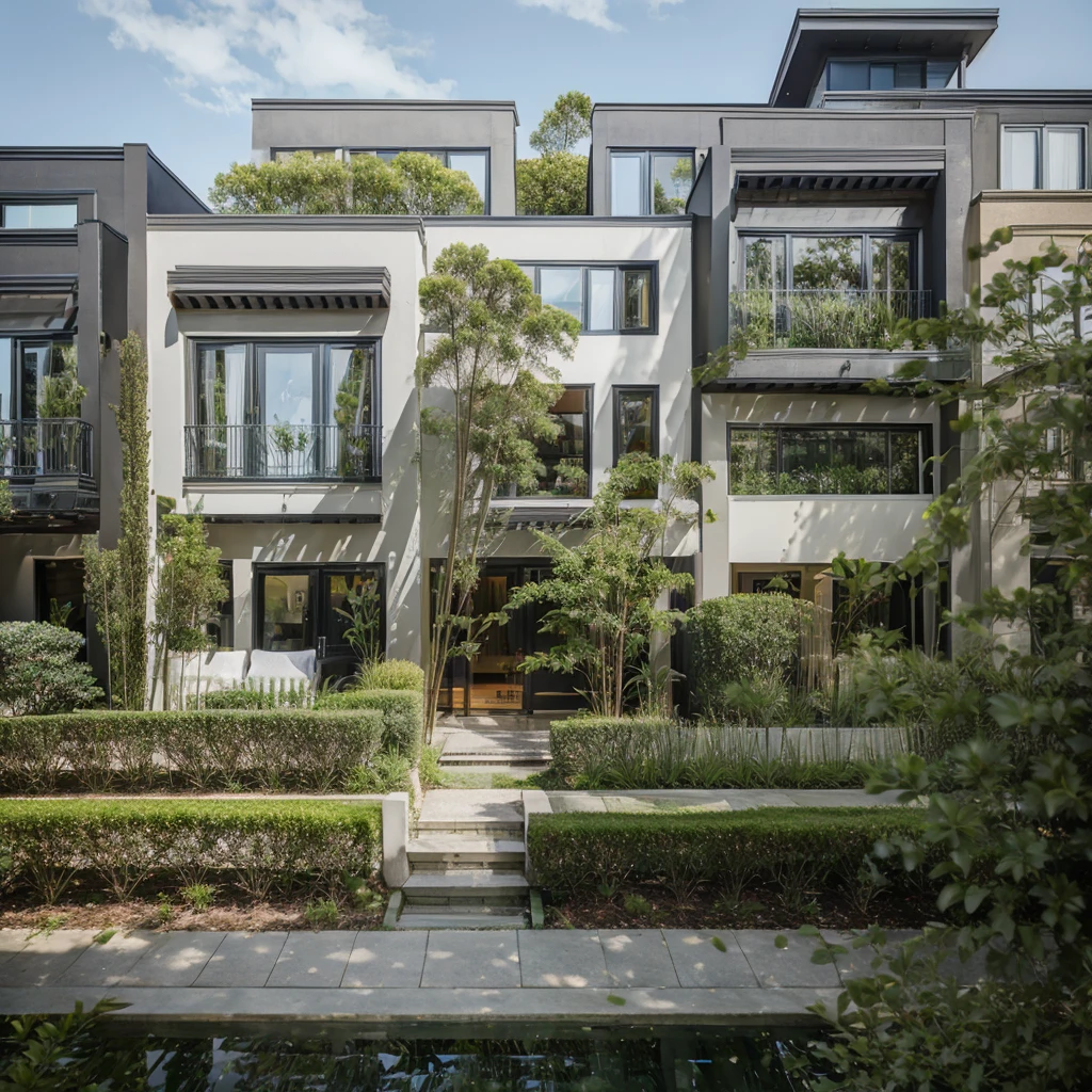 Townhouse, daytime, greenery, modern style