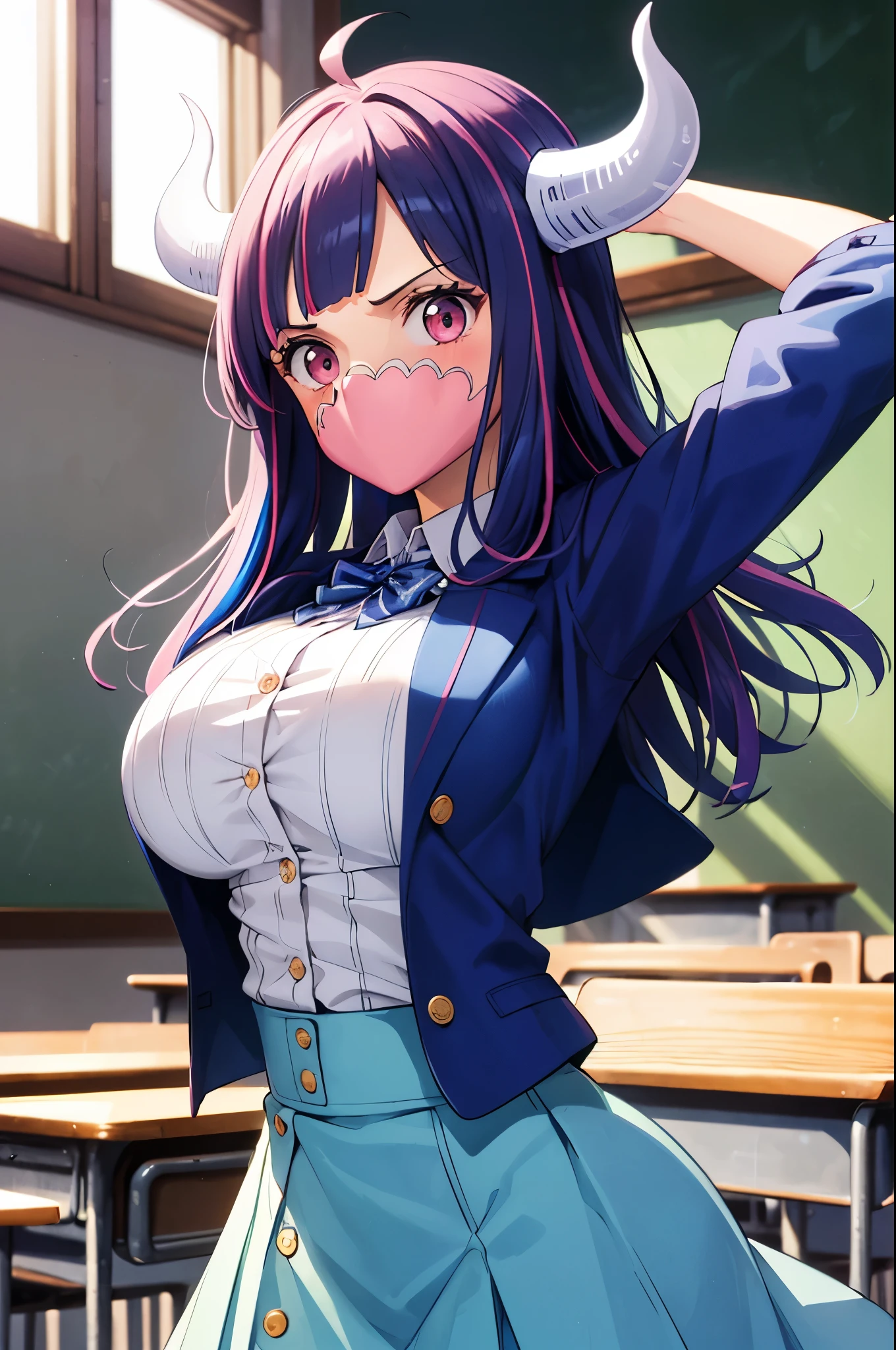 HDR, RAW image, high quality,(masterpiece, 最high quality:1.4), cinematic light, colorful, high contrast, (1 girl), UltiOP, One Piece Anime, ((big breasts)), striped hair, colorful hair, long hair, blue hair, pink hair, bangs, (horn:1.1), pink eyes, dynamic pose, (shirt with buttons:1.3), (light blue blazer:1.3), (Stop the button:1.3), (school uniform:1.3), shirt without pattern, red skirt, blush, be ashamed, School, classroom, stand, upper body, free pose