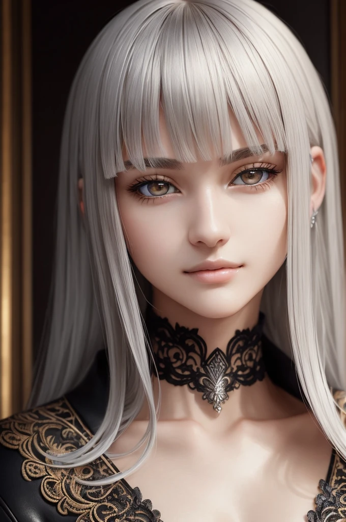 (masterpiece, best quality), intricate details, thin, ((slim)), beautiful girl, silver hair, blunt bangs, light orange eyes, sharp jawline, black coat, long hair, lips, upper body, close up, smirk