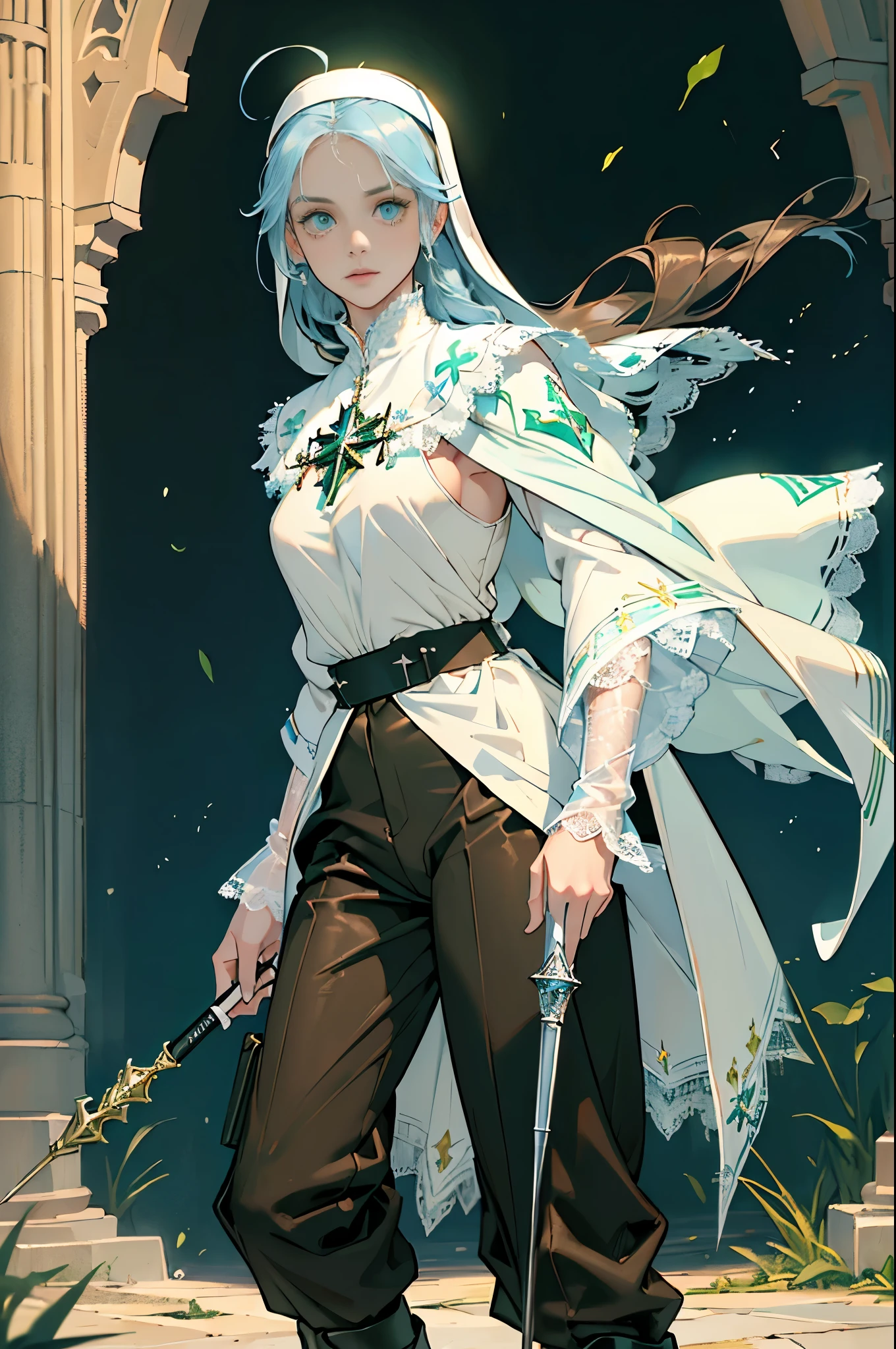 masterpiece, ultra detailed, 8k portrait, RAW photo, portrait photography, Highly detailed face, beautiful and meticulous eyes, ((Fantasy)), (((solo))), Young beautiful, (((Nun))), (((((standing))))), ((light blue long thin hair)), ahoge, forehead, Gentle face, White skin, armpit, (((green and white puffy sleeve lace priest robes))), ((brown cape)) Fluttering in the wind, (((lowleg kneel length pants))), Leather boots, ((((equip a magic wand)))), Midday Sun, Hyper realistic, Body model, Small breasts, Beautiful breasts, Long legs, in the medieval field, Ambient lighting, Shadow details, Camera focus on face, strong breeze, Light fog