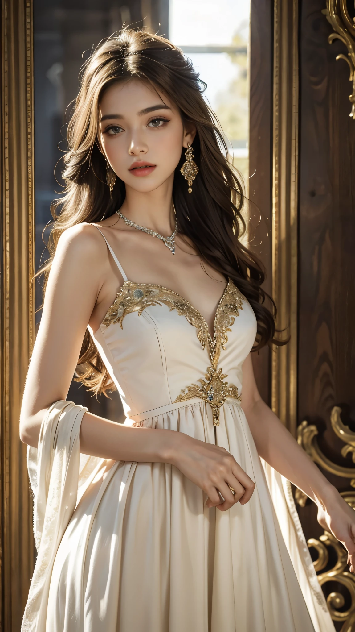 8K, ultra hd, masterpiece, best quality, a beautiful girl, long hair, impressive hairstyle, royal hair jewelry, jewellery earrings, antique jewellery, details eyes, beautiful eyes, meticulous makeup, thin eyebrows, beautiful lips, small breasts, royal dress, brown dress, strap dress, realistic colors, magic effect, epic scenery, epicness background, perfect body,