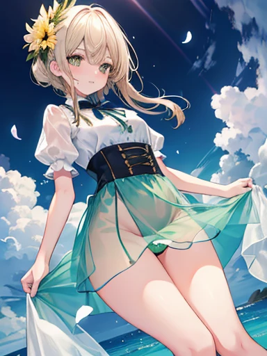two girlasterpiece, highest quality:1.6), big breasts、big butt、big butt、cute yellow shirt、See-through long skirt、silk green panties、See through、 thighs, beautiful girl, (flowers, lots of small white petals:1.3),, official art, RAWphotograph, incredibly absurd, face light, dynamic lighting, cinematic lighting, surreal, High resolution, photograph, sharp focus, most detailed, very detailed, super detailed, finely, very detailed目と顔、Ocean、evening