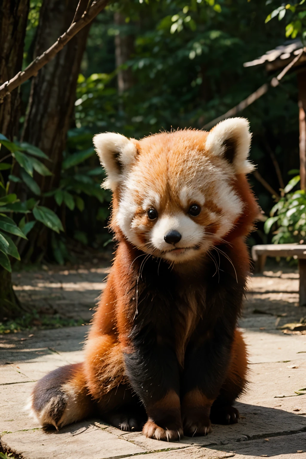 Make a very beautiful picture of Red Panda, it should be 3D, very cute, touching, ultra-realistic in the spirit of Rocket Raccoon