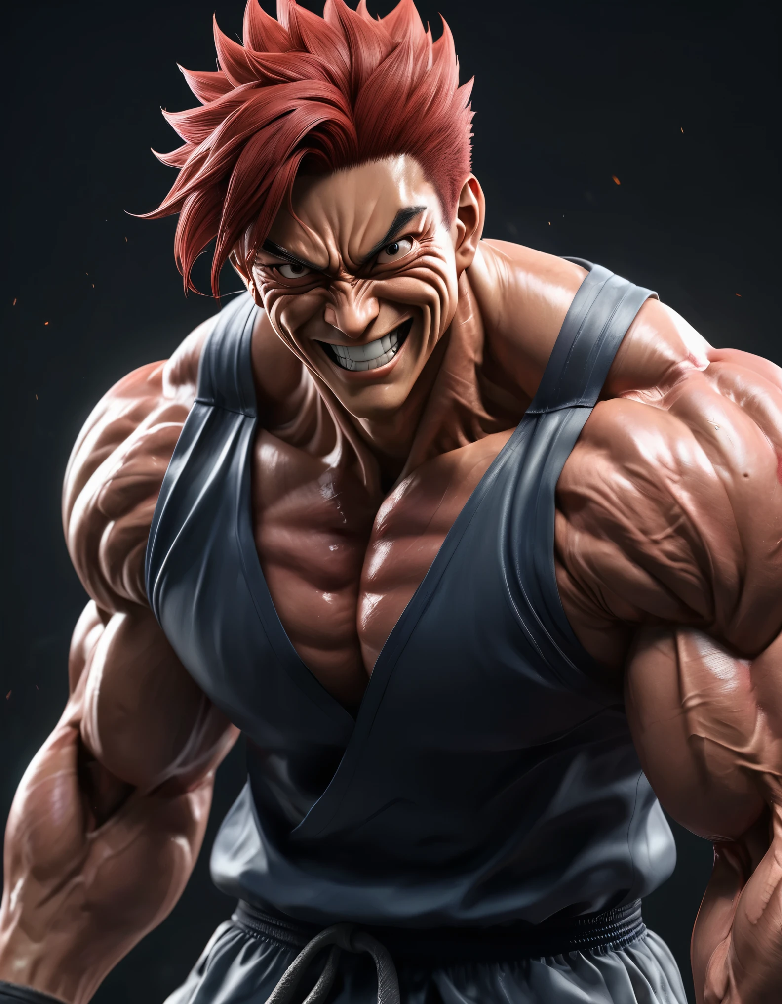 full body image "(best quality, 8K, ultra-detailed, realistic:1.2), portrait, Yujiro Hanma, muscular, serene, smiling, detailed, red hair, tough, intimidating, powerful, showcasing his strength", 