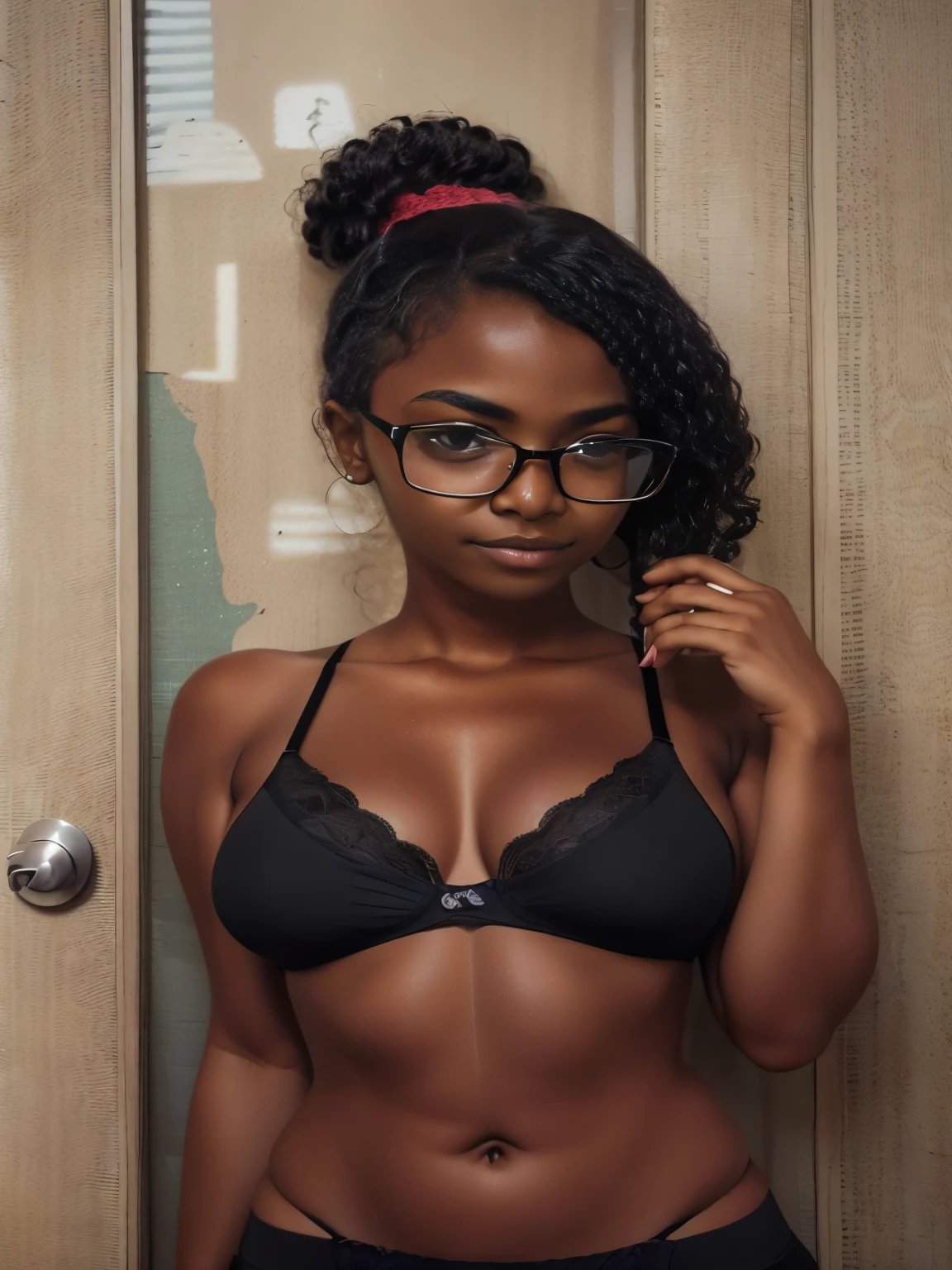 a girl in a black bra top and glasses posing for a picture, black glasses, black teenage girl, black girl, with glasses, brown skinned, gorgeous female, sexy girl with dark complexion, thick glasses, black young girl, tiny black bra, young black woman, dark skinned, girl with glasses, beautiful city black girl only, black bra, with glasses on