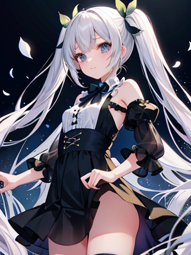 two girlasterpiece, highest quality:1.6), big breasts、big butt、big butt、cute black shirt、long skirt、silk green panties、See through、 thighs, beautiful girl, (flowers, lots of small white petals:1.3),, official art, RAWphotograph, incredibly absurd, face light, dynamic lighting, cinematic lighting, surreal, High resolution, photograph, sharp focus, most detailed, very detailed, super detailed, finely, very detailed目と顔、Ocean、blue sky、sun、twin tails