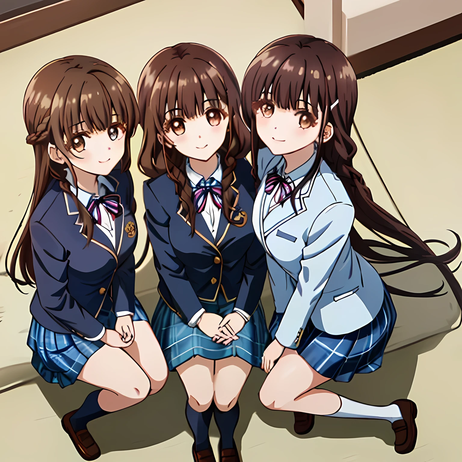 highest quality, (masterpiece:1.2), very detailed, Three girls sitting are looking at the viewer and smiling, Glossy lips that make you want to kiss, nice smile, big brown eyes, (((dark brown hair))), 15 years old, long braids, big shiny hair clip, school uniform, ((Light dark blue blazer with golden emblem on the left chest)), ((Japanese-style school ribbon with a large navy blue stripe on the chest)), very shiny hair、laughter、bright look、Both face and hair catch the light and shine, The corners of the eyes are drooping, Cute braids, The expression of a maiden in love, (((All girls have twin braid hairstyle))), ((((dark blue & Deep navy tartan check middle long skirt)))), A gentle and cute expression staring at the viewer, double eyelid, ((long eyelashes)), School Gymnasium Warehouse, round face, the skirt is very cute, brown leather shoes, sitting on the pink bed, ((shot from above))