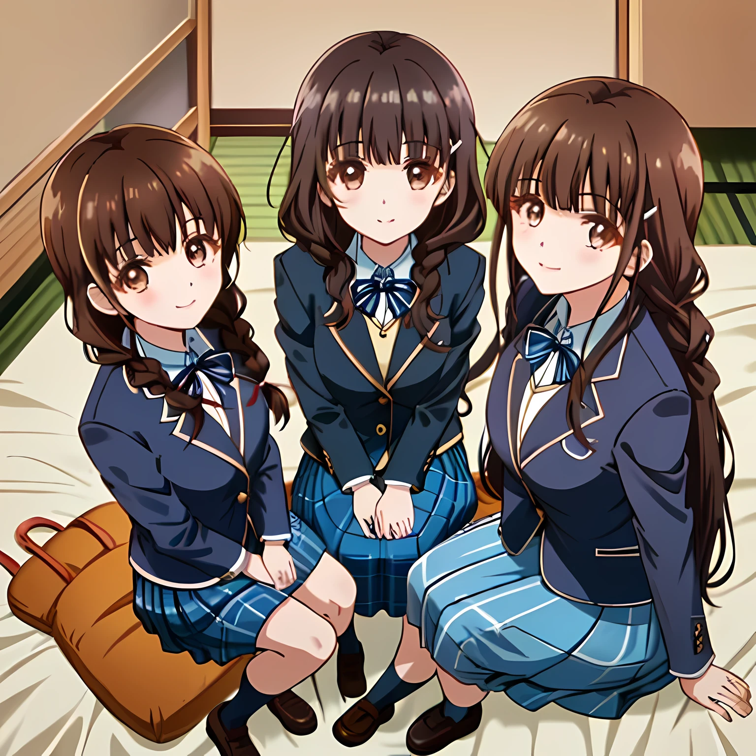 highest quality, (masterpiece:1.2), very detailed, Three girls sitting are looking at the viewer and smiling, Glossy lips that make you want to kiss, nice smile, big brown eyes, (((dark brown hair))), 15 years old, long braids, big shiny hair clip, school uniform, ((Light dark blue blazer with golden emblem on the left chest)), ((Japanese-style school ribbon with a large navy blue stripe on the chest)), very shiny hair、laughter、bright look、Both face and hair catch the light and shine, The corners of the eyes are drooping, Cute braids, The expression of a maiden in love, (((All girls have twin braid hairstyle))), ((((dark blue & Deep navy tartan check middle long skirt)))), A gentle and cute expression staring at the viewer, double eyelid, ((long eyelashes)), School Gymnasium Warehouse, round face, the skirt is very cute, brown leather shoes, sitting on the pink bed, ((shot from above))