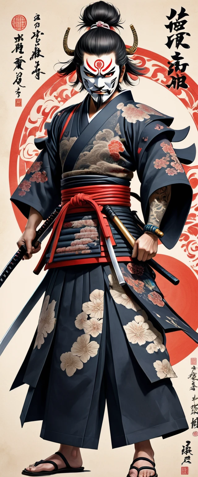 evil authentic illustrated Washipaper close full body infp complex evil mask Kusunoki Masashige battle pose add weapon(perfect anatomy), Beautiful firm round busts, perfect busts, authentic tattoo designs drawn directly all over the body, bold medium, authentic samurai Art Design, Cutting-edge samurai fashion, Innovative, The center of attention,japanese prefecture, honk kong, Special laser art design, -motto,against a complex Background, --niji 50 --chaos 30 --testpfx