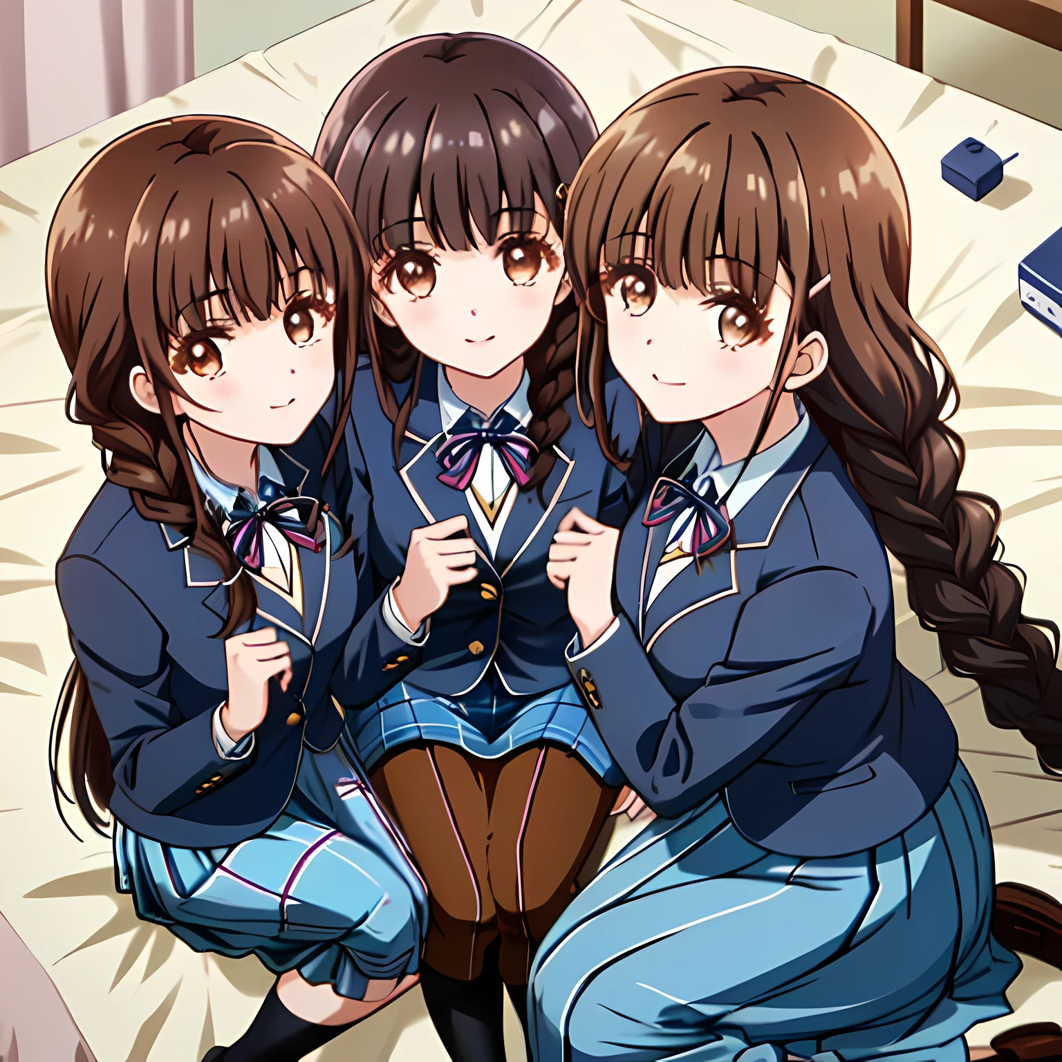 highest quality, (masterpiece:1.2), very detailed, Three girls sitting are looking at the viewer and smiling, Glossy lips that make you want to kiss, nice smile, big brown eyes, (((dark brown hair))), , long braids, big shiny hair clip, school uniform, ((Light dark blue blazer with golden emblem on the left chest)), ((Japanese-style school ribbon with a large navy blue stripe on the chest)), very shiny hair、laughter、bright look、Both face and hair catch the light and shine, The corners of the eyes are drooping, Cute braids, The expression of a maiden in love, (((All girls have twin braid hairstyle))), ((((dark blue & Deep navy tartan check middle long skirt)))), A gentle and cute expression staring at the viewer, double eyelid, ((long eyelashes)), School Gymnasium Warehouse, round face, the skirt is very cute, brown leather shoes, sitting on the pink bed, ((shot from above))