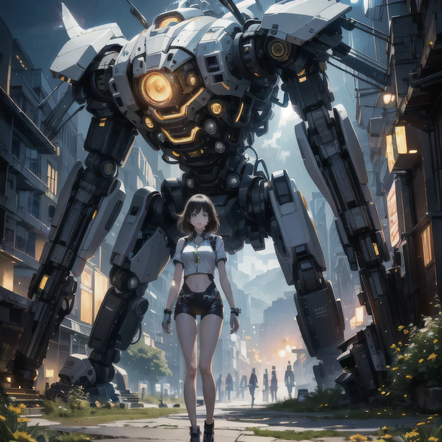 ((masterpiece, best quality)), Ultra-detailed 8K illustrations, depicts a real scene,The focus is on a girl standing in front of a large mechanical robot. Intricate details of the robot, Featuring glowing microchips and complex computer systems, Presented under professional lighting. Vibrant colors, It's like looking through a rainbow-colored BREAKFactory ultra-long lens. that girl, with a charming expression, Characterized by splayed legs and an attractive navel. The overall composition is a breathtaking masterpiece, Expressing the integration of technology and nature.