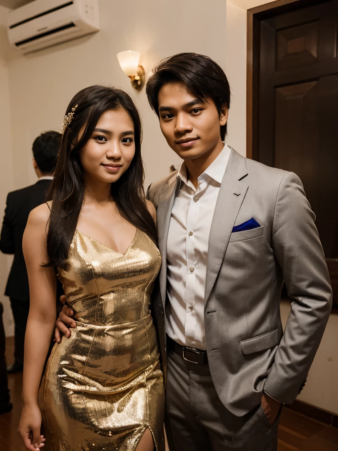 photo of a young couple from Indonesia in formal clothes taking a photo together at a party at night. photography, super detailed, realistic, ultra HD, 8K Resolution, facial details.