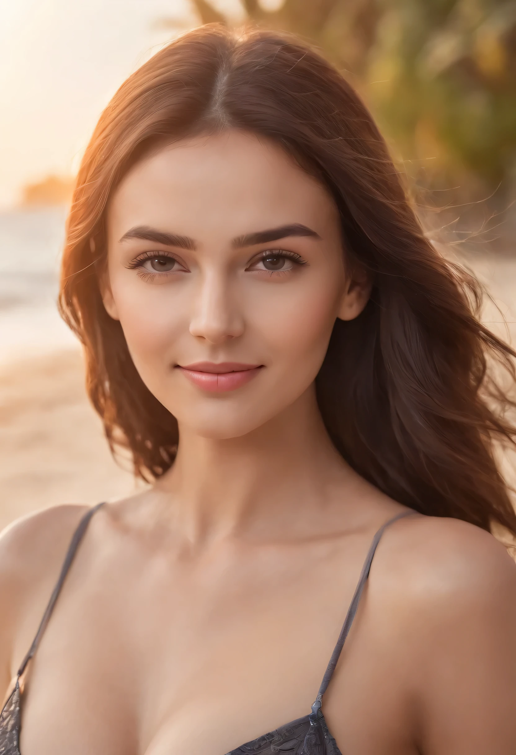 bandeau Bikini, cleavage visible, soft large breasts, smile, European Beautiful model, tropical beach, sunlight, 1 girl with a beautiful face, Upper Body Professional Photo, (Photo 4K:1.1) , (Sharp Focus:1.3), High Detail, Instagram Pattern Pose, confident, slim girl, big tits:1.3, perfect anatomy, perfect symmetry:1.3, Realistic, realistic face:1.2, perfect face, content, confident, very detailed, and dramatic, Lighting scene, bright lighting, short hair