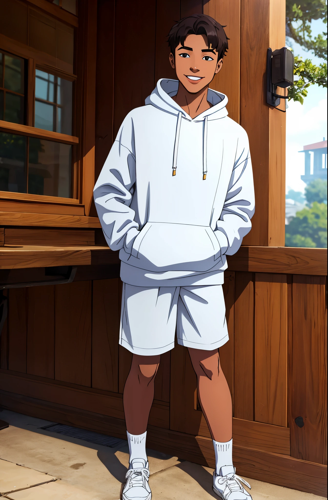 handsome 18 year old boy, wearing white hoodie, shorts, 8k resolution, full body, smiling, White skin, detailed face