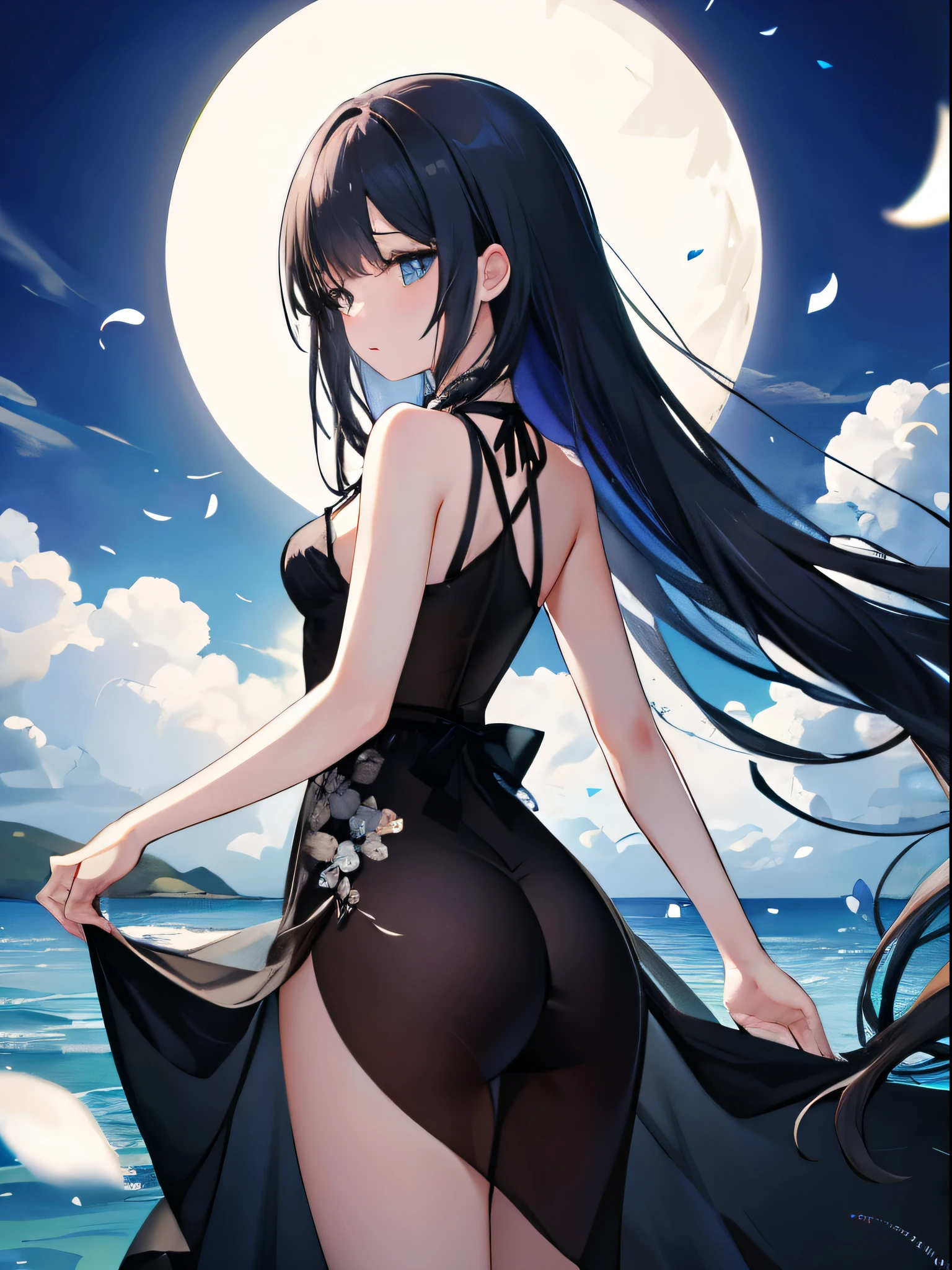 A masterpiece of two girls, highest quality:1.6), big breasts、big ass、big ass、cute black shirt、long skirt、Silk green panties、See through、 thighs, beautiful girl, (flowers, lots of small white petals:1.3),, official art, RAWphotograph, incredibly absurd, face light, dynamic lighting, cinematic lighting, surreal, High resolution, photograph, sharp focus, most detailed, very detailed, Super detailed, finely, very detailed目と顔、Ocean、blue sky、sun、long hair