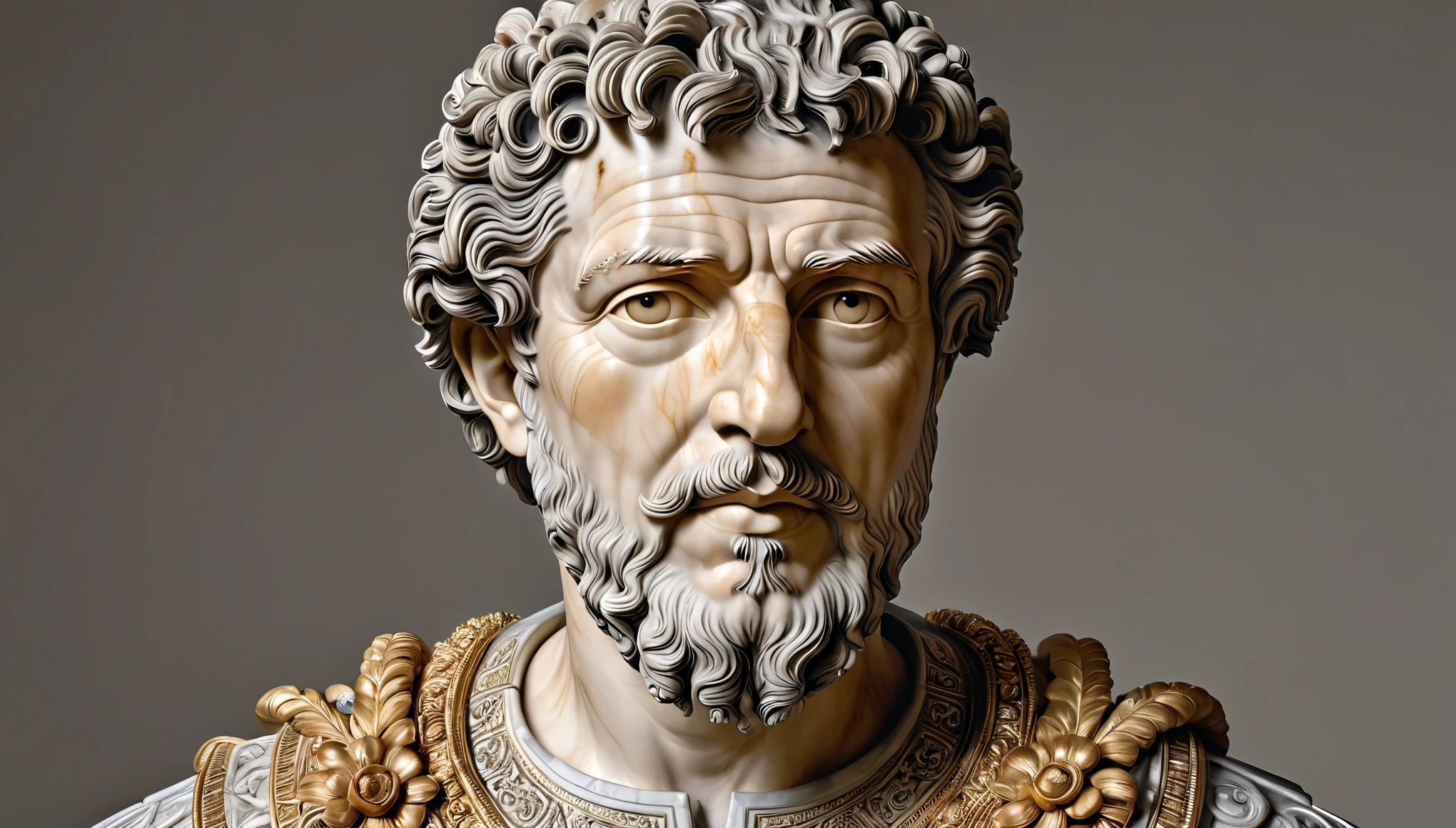 high-res,best quality [portrait:1.2],detailed bust of Emperor Marcus Aurelius,marble sculpture,realistic details,[facial features:1.1],intricate carving,impressive craftsmanship,[strong jawline,pronounced cheekbones,deep-set eyes,weathered face],elegant and regal appearance,serious and contemplative expression,subtle smile,[fine details:1.1],[robe:0.9],elegant clothing with intricate patterns,golden embroidery,[bronze colors,rich tones:0.9],warm and subdued lighting,subtle highlights and shadows,[classical art style,sculpture:1.2],historical masterpiece,antique artifact,impressive and imposing presence