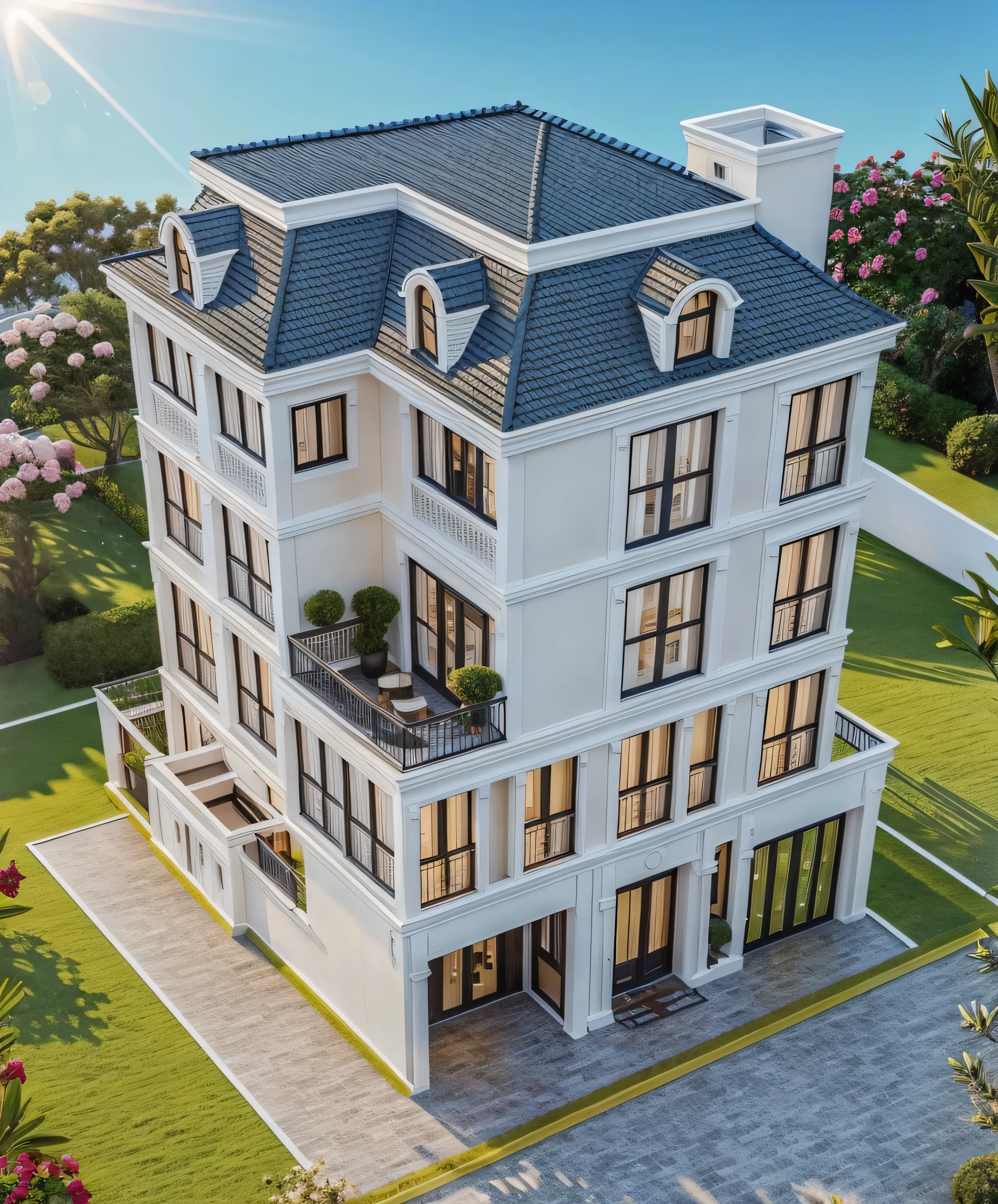 (1neoclassic house, The town house is made from white walls and some walls are painted bright blue)), beautyful light, beautyfulday, sunny, Many red bougainvilleas along the road:1.3, lovely youthful feeling :1.2, sunlight at 12 noon, Very beautiful shadows