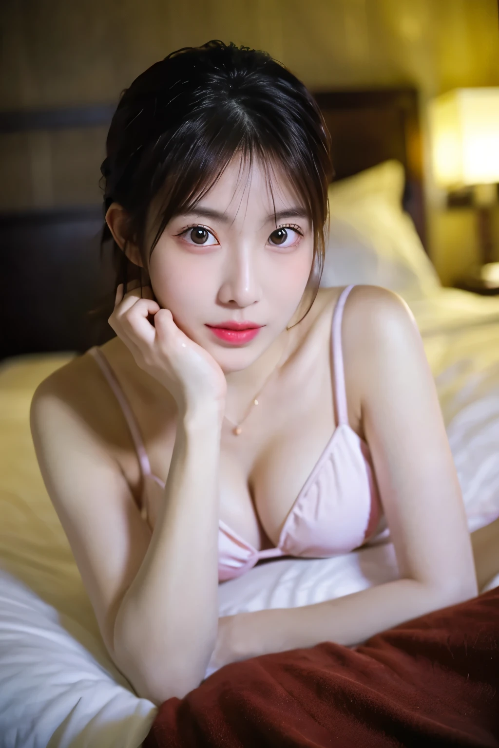 highest quality、1 girl,black hair、red eyes、red cheeks、pink cheek color:1.3、Shy gesture、Hold your mouth with your hand:1.4、、Bikini with pink ruffles:1.5、narrow:1.2、beautiful feet、night、dark hotel room、dark lighting、lying in bed:1.7、watch here、Angle from above、background blur、masterpiece
