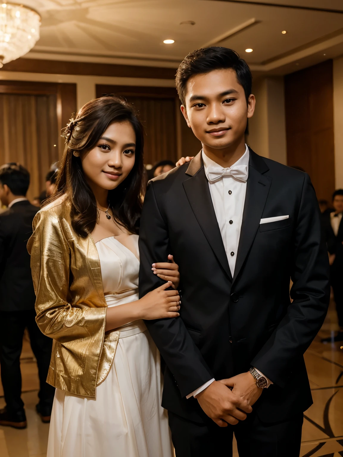 photo of a young couple from Indonesia in formal clothes taking a photo together at a party. photography, super detailed, realistic, ultra HD, 8K Resolution, facial details.