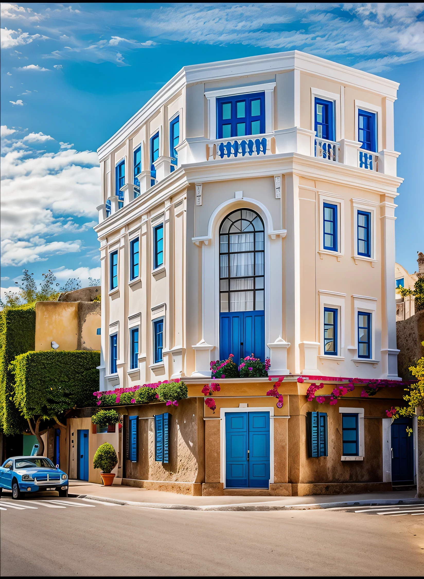 (1 santorini style house, The town house is made from white walls and some walls are painted bright blue)), beautyful light, beautyfulday, sunny, Many red bougainvilleas along the road:1.3, lovely youthful feeling :1.2, sunlight at 12 noon, Very beautiful shadows