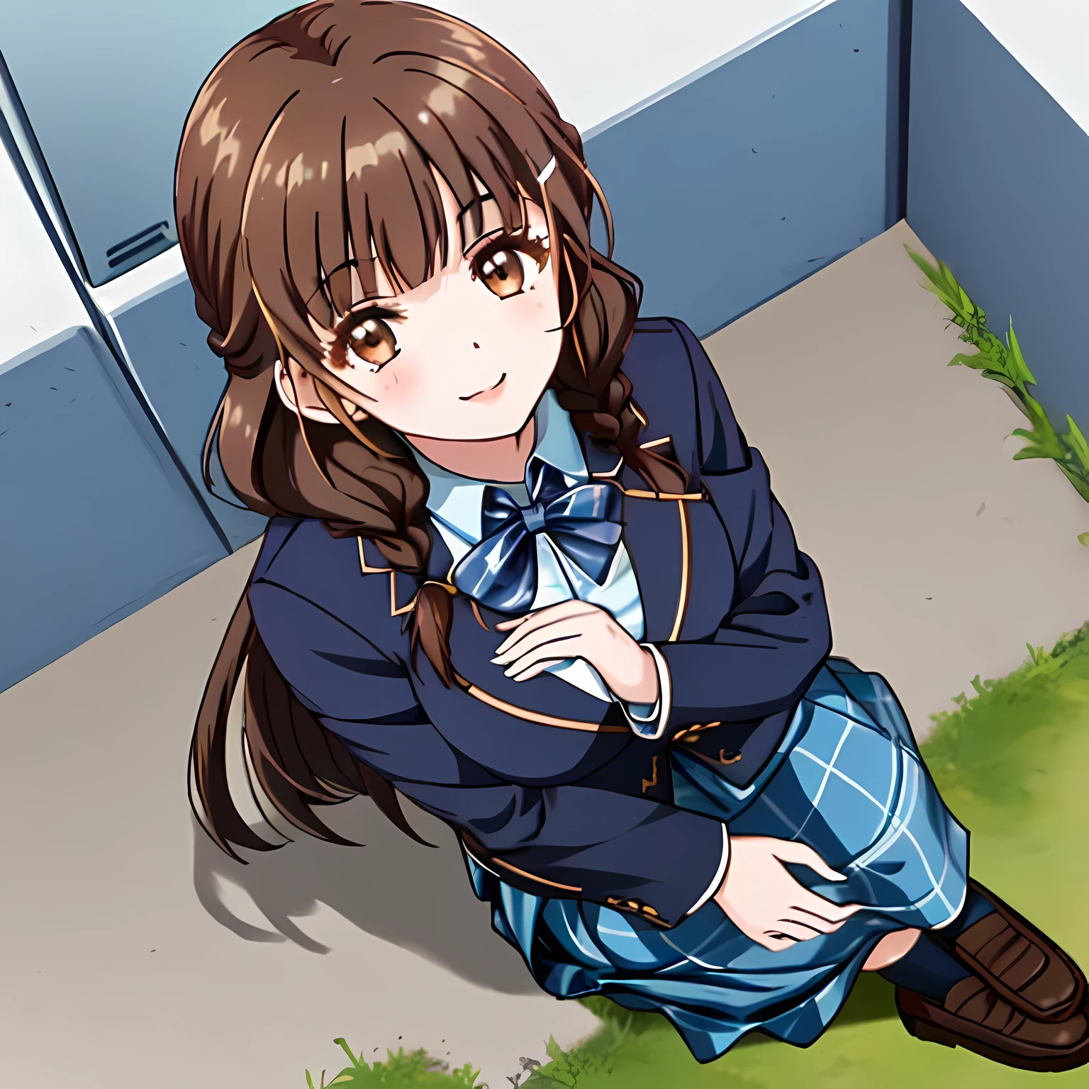 highest quality, (masterpiece:1.2), very detailed, One girl sitting is looking at the viewer and smiling, Glossy lips that make you want to kiss, nice smile, big brown eyes, (((dark brown hair))), , long braids, big shiny hair clip, school uniform, ((Light dark blue blazer with golden emblem on the left chest)), ((Japanese-style school ribbon with a large navy blue stripe on the chest)), very shiny hair、laughter、bright look、Both face and hair catch the light and shine, The corners of the eyes are drooping, Cute braids, The expression of a maiden in love, (((All girls have twin braid hairstyle))), ((((dark blue & Deep navy tartan check middle long skirt)))), A gentle and cute expression staring at the viewer, double eyelid, ((long eyelashes)), The background is the school gymnasium warehouse.., round face, the skirt is very cute, brown leather shoes,  ((shot from above))