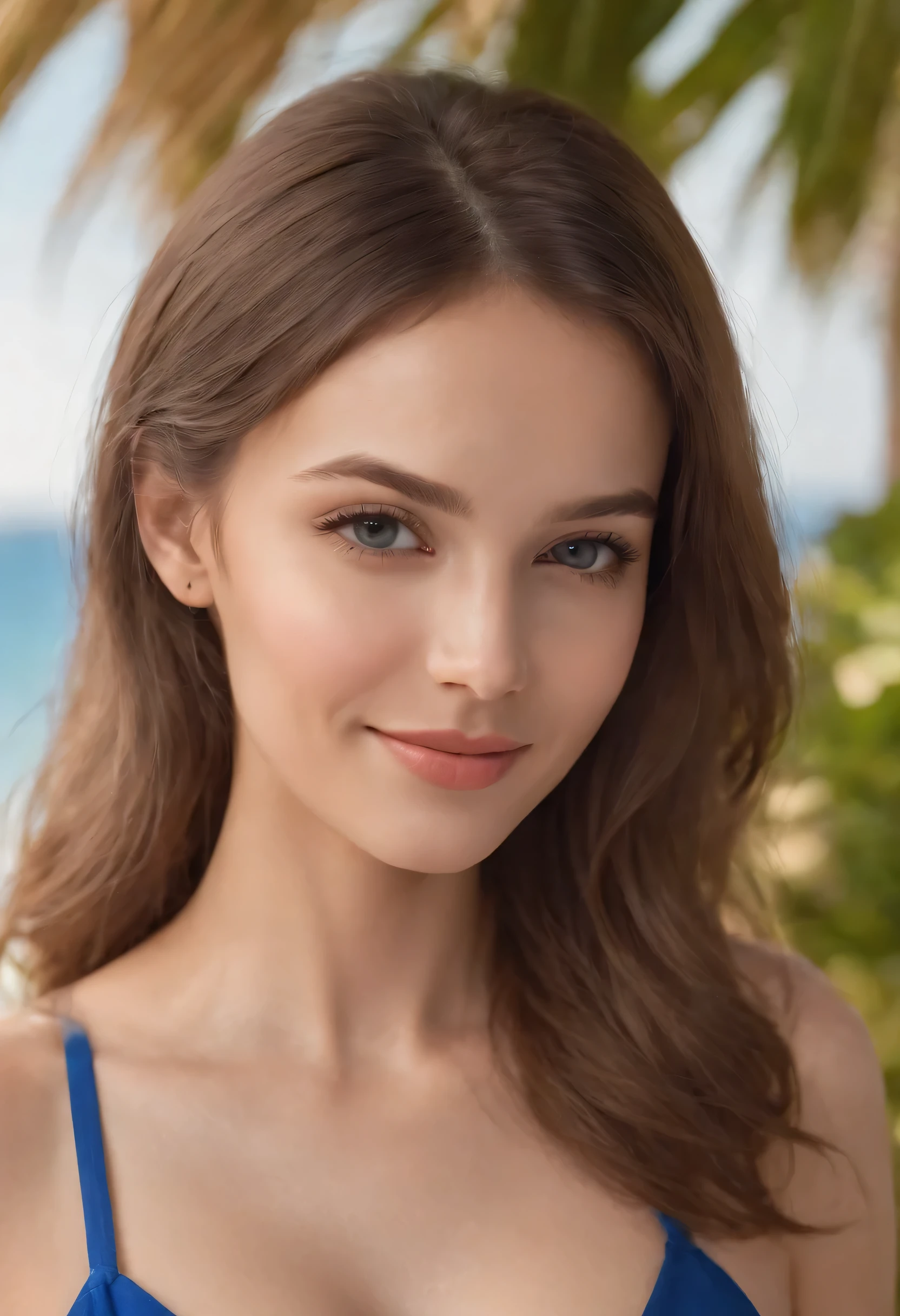 bandeau blue Bikini, cleavage visible, soft large breasts, smile, European Beautiful model, tropical beach, sunlight, 1 girl with a beautiful face, Upper Body Professional Photo, (Photo 4K:1.1) , (Sharp Focus:1.3), High Detail, Instagram Pattern Pose, confident, slim girl, big tits:1.3, perfect anatomy, perfect symmetry:1.3, Realistic, realistic face:1.2, perfect face, content, confident, very detailed, and dramatic, Lighting scene, bright lighting, short hair