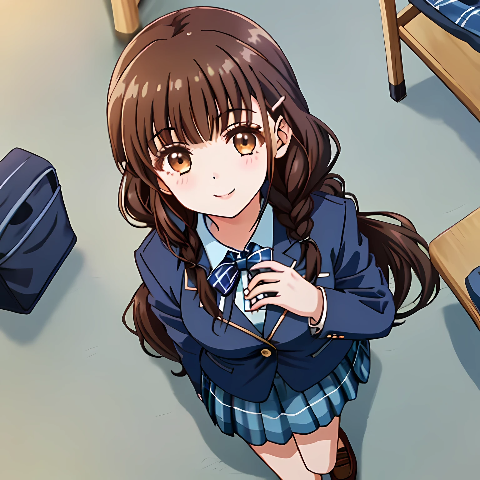 highest quality, (masterpiece:1.2), very detailed, One girl sitting is looking at the viewer and smiling, Glossy lips that make you want to kiss, nice smile, big brown eyes, (((dark brown hair))), , long braids, big shiny hair clip, school uniform, ((Light dark blue blazer with golden emblem on the left chest)), ((Japanese-style school ribbon with a large navy blue stripe on the chest)), very shiny hair、laughter、bright look、Both face and hair catch the light and shine, The corners of the eyes are drooping, Cute braids, The expression of a maiden in love, (((All girls have twin braid hairstyle))), ((((dark blue & Deep navy tartan check middle long skirt)))), A gentle and cute expression staring at the viewer, double eyelid, ((long eyelashes)), The background is the school gymnasium warehouse.., round face, the skirt is very cute, brown leather shoes,  ((shot from above))