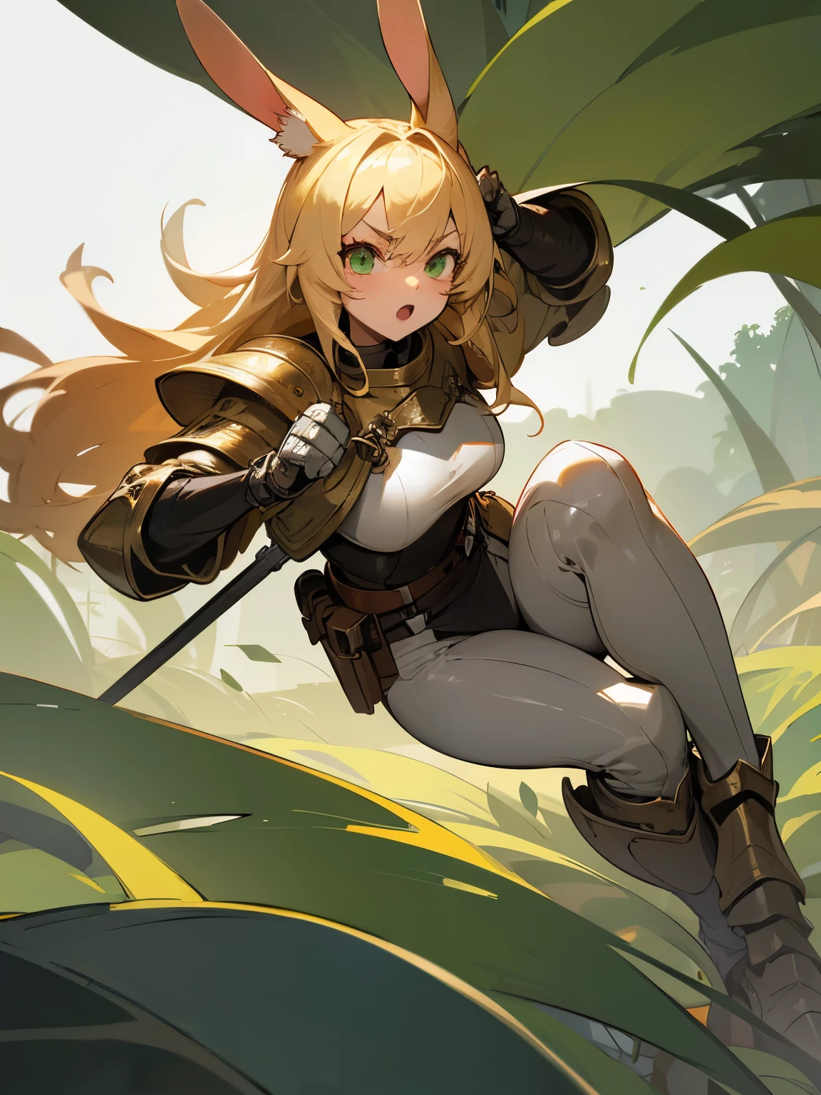 1girl, blonde hair, (detailed face), (long blonde rabbit ears), non human ears, green eyes, full armored, medieval, forest background, (cute face), angry, full body
