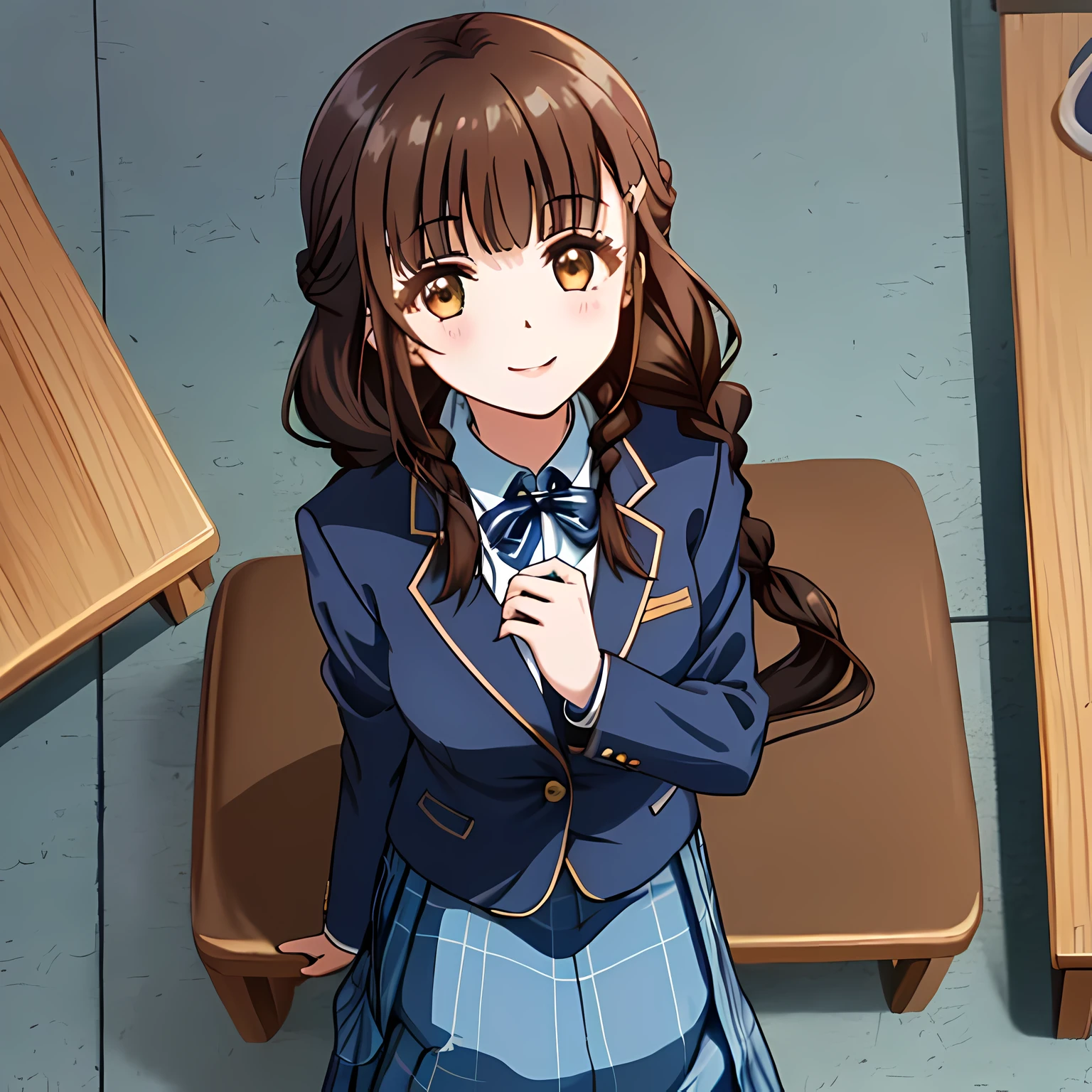 highest quality, (masterpiece:1.2), very detailed, One girl sitting is looking at the viewer and smiling, Glossy lips that make you want to kiss, nice smile, big brown eyes, (((dark brown hair))), 15 years old, long braids, big shiny hair clip, school uniform, ((Light dark blue blazer with golden emblem on the left chest)), ((Japanese-style school ribbon with a large navy blue stripe on the chest)), very shiny hair、laughter、bright look、Both face and hair catch the light and shine, The corners of the eyes are drooping, Cute braids, The expression of a maiden in love, (((All girls have twin braid hairstyle))), ((((dark blue & Deep navy tartan check middle long skirt)))), A gentle and cute expression staring at the viewer, double eyelid, ((long eyelashes)), The background is the school gymnasium warehouse.., round face, the skirt is very cute, brown leather shoes,  ((shot from above))