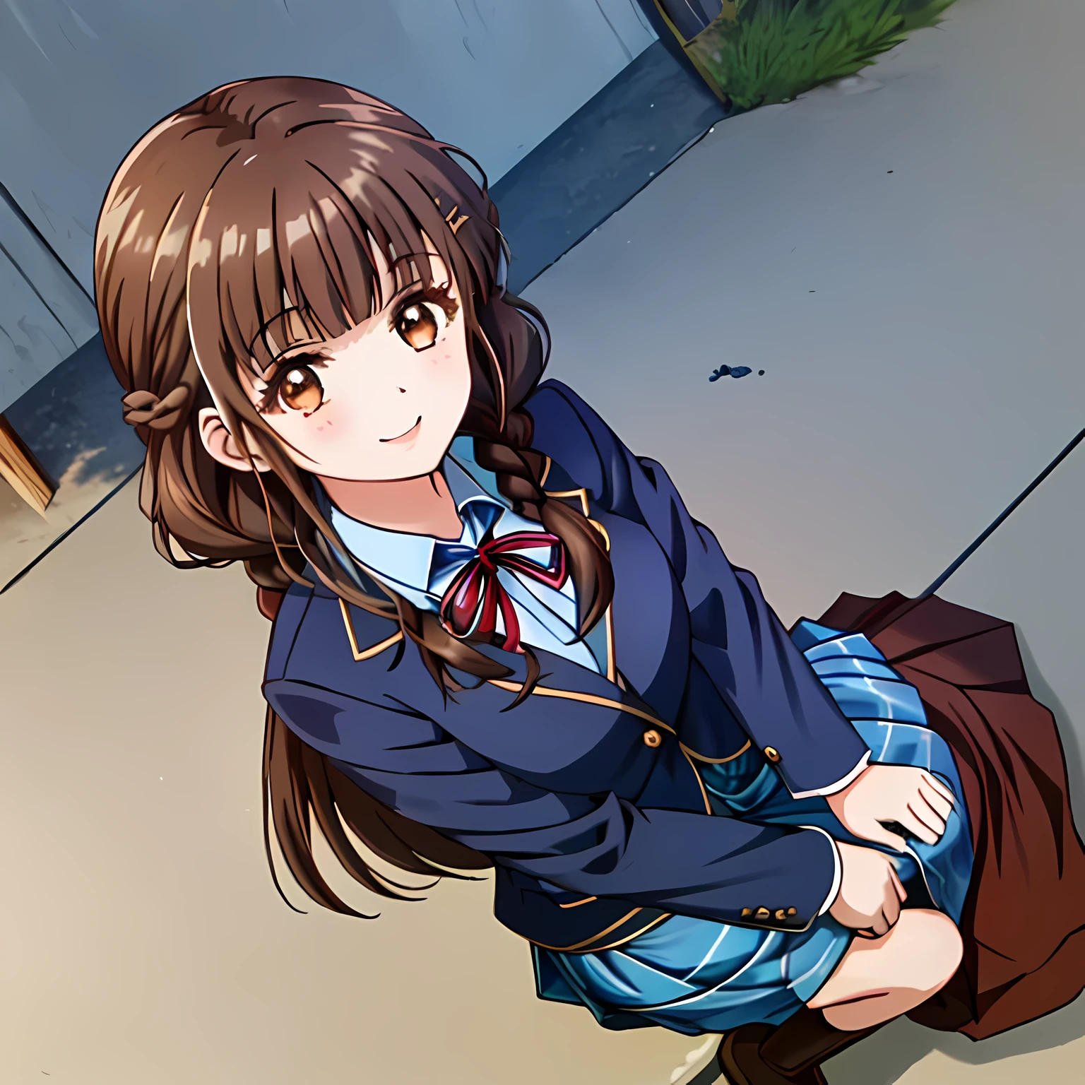highest quality, (masterpiece:1.2), very detailed, One girl sitting is looking at the viewer and smiling, Glossy lips that make you want to kiss, nice smile, big brown eyes, (((dark brown hair))), , long braids, big shiny hair clip, school uniform, ((Light dark blue blazer with golden emblem on the left chest)), ((Japanese-style school ribbon with a large navy blue stripe on the chest)), very shiny hair、laughter、bright look、Both face and hair catch the light and shine, The corners of the eyes are drooping, Cute braids, The expression of a maiden in love, (((All girls have twin braid hairstyle))), ((((dark blue & Deep navy tartan check middle long skirt)))), A gentle and cute expression staring at the viewer, double eyelid, ((long eyelashes)), The background is the school gymnasium warehouse.., round face, the skirt is very cute, brown leather shoes, ((shot from above))
