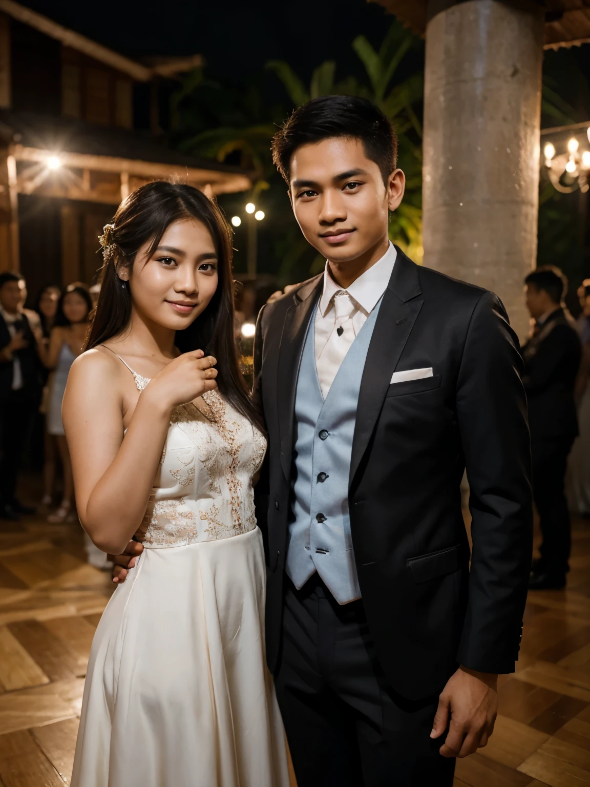 photo of a young couple from Indonesia in formal clothes taking a photo together at a party. photography, super detailed, realistic, ultra HD, 8K Resolution, facial details.