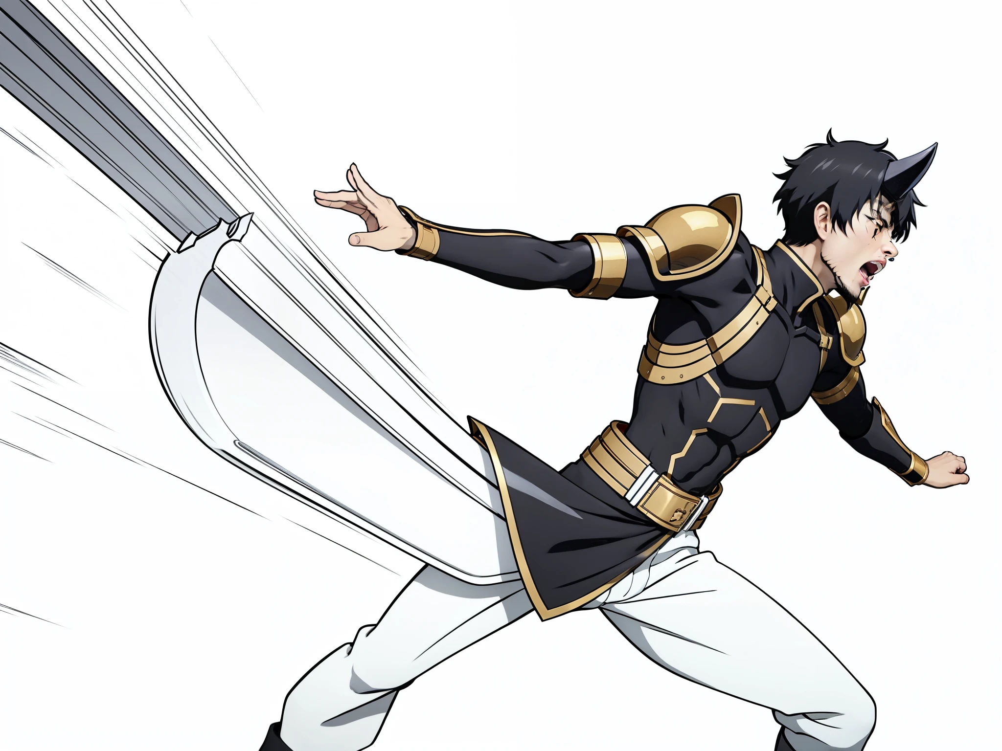 1boy,20 years old,solo,black horn,short hair,black hair,goatee,(golden armor),(white background,line drawing),angry,action pose,open mouth,attacking,reaching out,leaning forward,profile