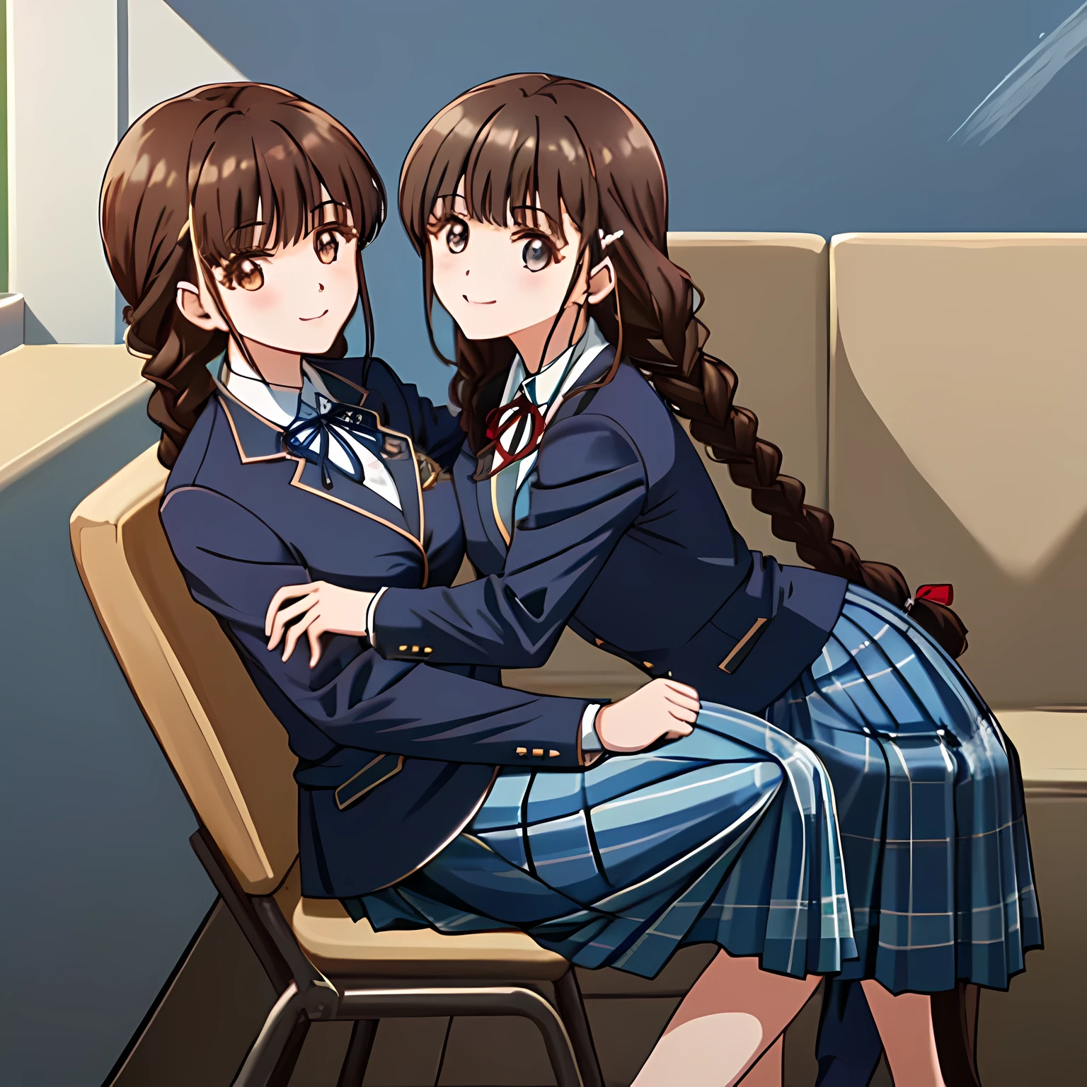 highest quality, (masterpiece:1.2), very detailed, One girl sitting is looking at the viewer and smiling, Glossy lips that make you want to kiss, nice smile, big brown eyes, (((dark brown hair))), 15 years old, long braids, big shiny hair clip, school uniform, ((Light dark blue blazer with golden emblem on the left chest)), ((School ribbon with a very large emphasized navy blue stripe on the chest)), very shiny hair、laughter、bright look、Both face and hair catch the light and shine, The corners of the eyes are drooping, Cute braids, The expression of a maiden in love, (((All girls have twin braid hairstyle))), ((((dark blue & Deep navy tartan check middle long skirt)))), A gentle and cute expression staring at the viewer, double eyelid, ((long eyelashes)), The background is the school gymnasium warehouse.., round face, the skirt is very cute, brown leather shoes, ((shot from the side))
