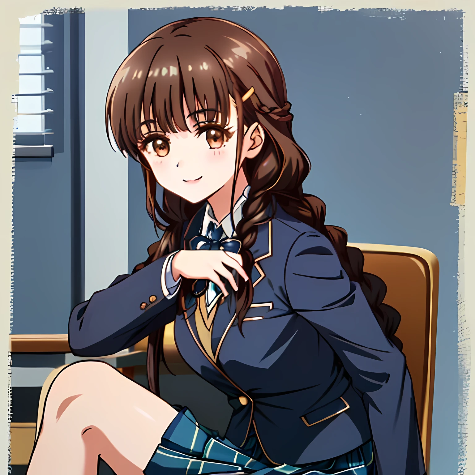 highest quality, (masterpiece:1.2), very detailed, One girl sitting is looking at the viewer and smiling, Glossy lips that make you want to kiss, nice smile, big brown eyes, (((dark brown hair))), 15 years old, long braids, big shiny hair clip, school uniform, ((Light dark blue blazer with golden emblem on the left chest)), ((School ribbon with a very large emphasized navy blue stripe on the chest)), very shiny hair、laughter、bright look、Both face and hair catch the light and shine, The corners of the eyes are drooping, Cute braids, The expression of a maiden in love, (((All girls have twin braid hairstyle))), ((((dark blue & Deep navy tartan check middle long skirt)))), A gentle and cute expression staring at the viewer, double eyelid, ((long eyelashes)), The background is the school gymnasium warehouse.., round face, the skirt is very cute, brown leather shoes, ((shot from the side))