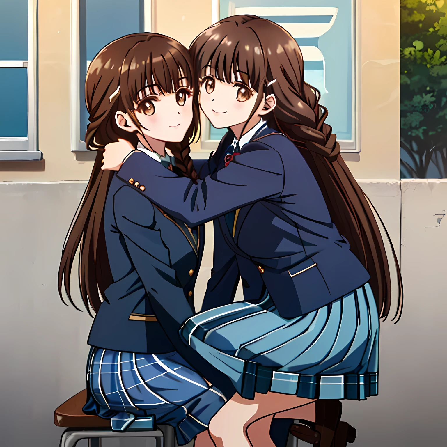 highest quality, (masterpiece:1.2), very detailed, One girl sitting is looking at the viewer and smiling, Glossy lips that make you want to kiss, nice smile, big brown eyes, (((dark brown hair))), 15 years old, long braids, big shiny hair clip, school uniform, ((Light dark blue blazer with golden emblem on the left chest)), ((School ribbon with a very large emphasized navy blue stripe on the chest)), very shiny hair、laughter、bright look、Both face and hair catch the light and shine, The corners of the eyes are drooping, Cute braids, The expression of a maiden in love, (((All girls have twin braid hairstyle))), ((((dark blue & Deep navy tartan check middle long skirt)))), A gentle and cute expression staring at the viewer, double eyelid, ((long eyelashes)), The background is the school gymnasium warehouse.., round face, the skirt is very cute, brown leather shoes, ((shot from the side))