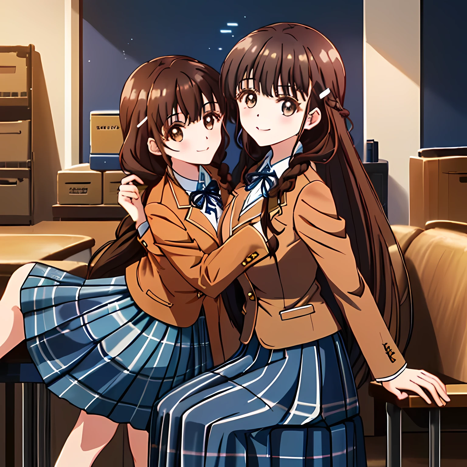 highest quality, (masterpiece:1.2), very detailed, One girl sitting is looking at the viewer and smiling, Glossy lips that make you want to kiss, nice smile, big brown eyes, (((dark brown hair))), 15 years old, long braids, big shiny hair clip, school uniform, ((Light dark blue blazer with golden emblem on the left chest)), ((School ribbon with a very large emphasized navy blue stripe on the chest)), very shiny hair、laughter、bright look、Both face and hair catch the light and shine, The corners of the eyes are drooping, Cute braids, The expression of a maiden in love, (((All girls have twin braid hairstyle))), ((((dark blue & Deep navy tartan check middle long skirt)))), A gentle and cute expression staring at the viewer, double eyelid, ((long eyelashes)), The background is the school gymnasium warehouse.., round face, the skirt is very cute, brown leather shoes, ((shot from the side))