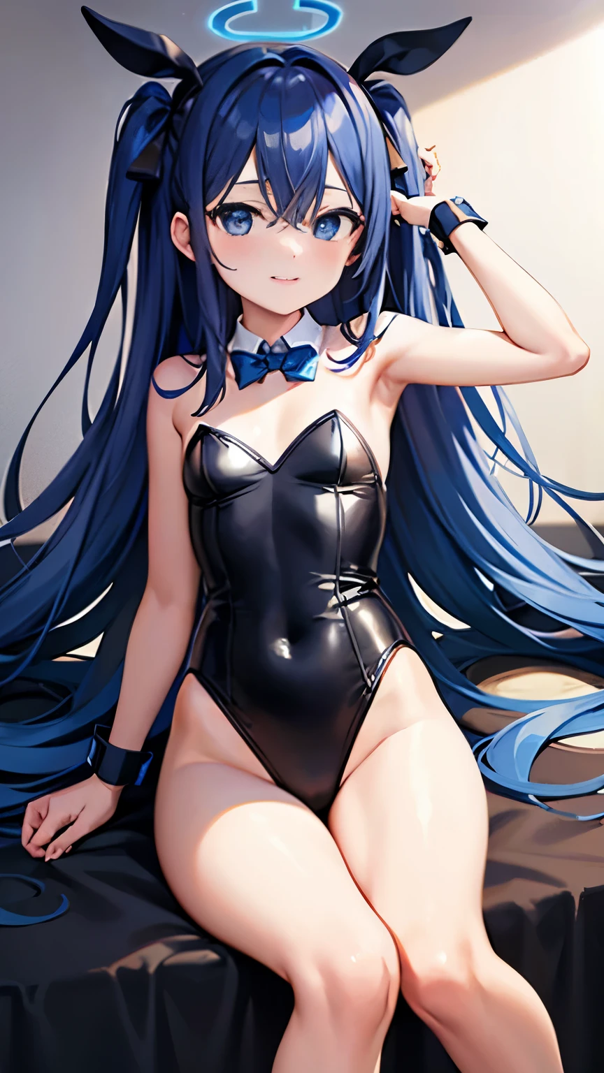best quality, masterpiece, highres, solo, {arisu_bluearchive:0.90}, 1girl, black_leotard, bowtie, detached_collar, fake_animal_ears, looking_at_viewer, , small_breasts, dark_blue_hair, hotel room, smile, bare_legs, bare_shoulders, blush, open_mouth, strapless_leotard, wrist_cuffs,zhuo,alice_halo,blue halo, absurdly long hair ,aqua halo ,blue headband ,hair ornament ,white coat ,collared shirt,blue tie,, blue thema, red thema,Tendou Arisu, Long hair, black hair, blue eyes, flat chest, small size,