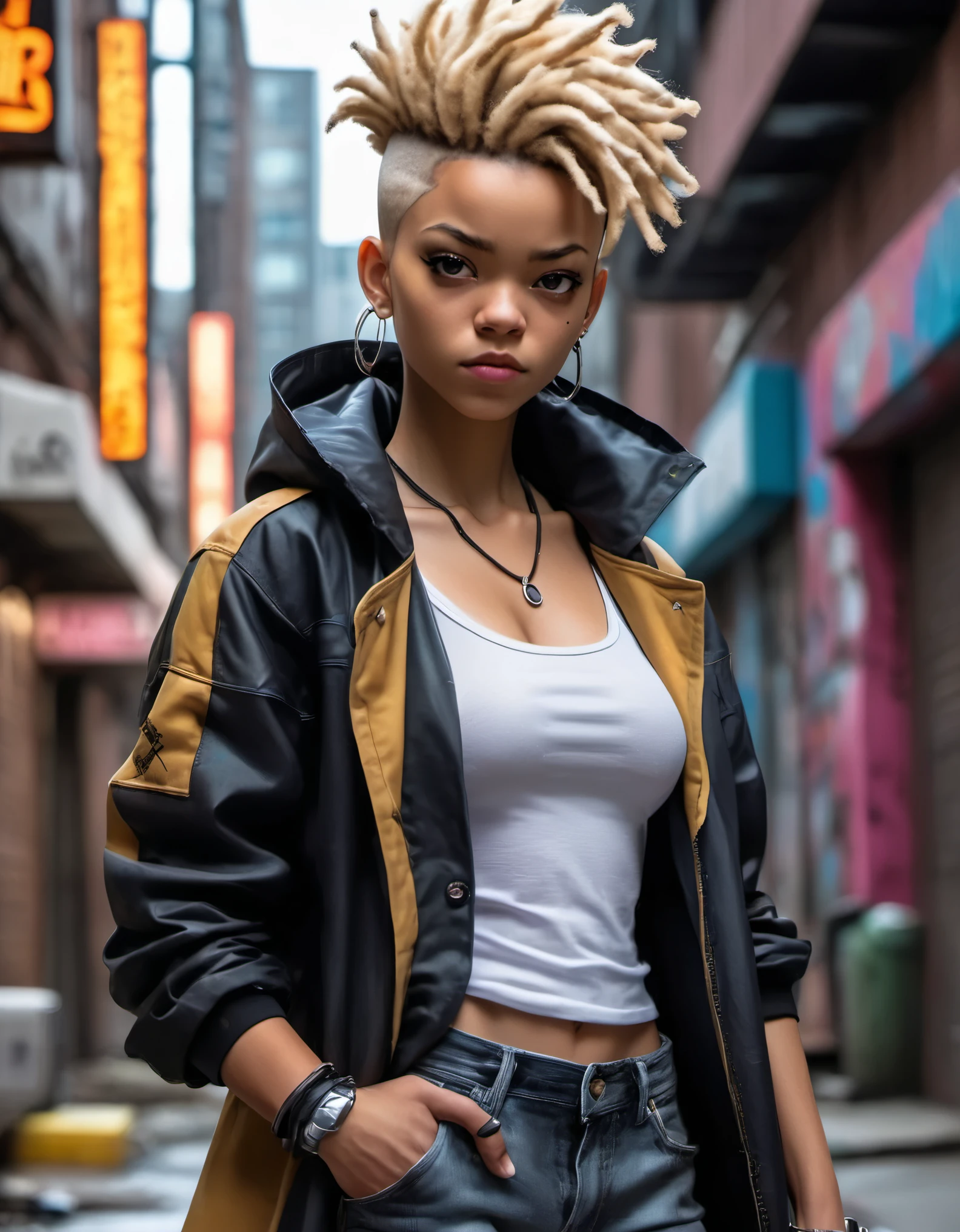 (high quality,4k,8k,highres,masterpiece:1.2),ultra-detailed,(realistic,photorealistic,photo-realistic:1.37),white-haired,confident expression,strong personality,fearless and rebellious attitude,stylish attire,punk fashion,graffiti background,dynamic pose,energetic vibe,colorful and vibrant palette,exaggerated and expressive lines,stylized shading,attention to facial features,comic book style highlights,sharp focus,high contrast,striking visual impact,DC COMIC inspired lighting,anime influenced aesthetics,attention to clothing details and textures,Riley Freeman from the Boondocks in his iconic coat,unique and memorable character design,attention to body proportions,background filled with urban elements,gritty and edgy atmosphere,visual storytelling through body language,capturing the essence of the character,eye-catching composition,animated and lively brushwork,bringing out Riley's charm and attitude,realistic portrayal of clothing folds and creases,dramatic lighting and shadows,showcasing Riley's confidence and resilience,creating a powerful and captivating image of Riley Freeman in Kamina style,DC COMIC inspired art style with Anime and 90 comic influences,celebrating the vibrant and rebellious spirit of the Boondocks in a visually stunning way.