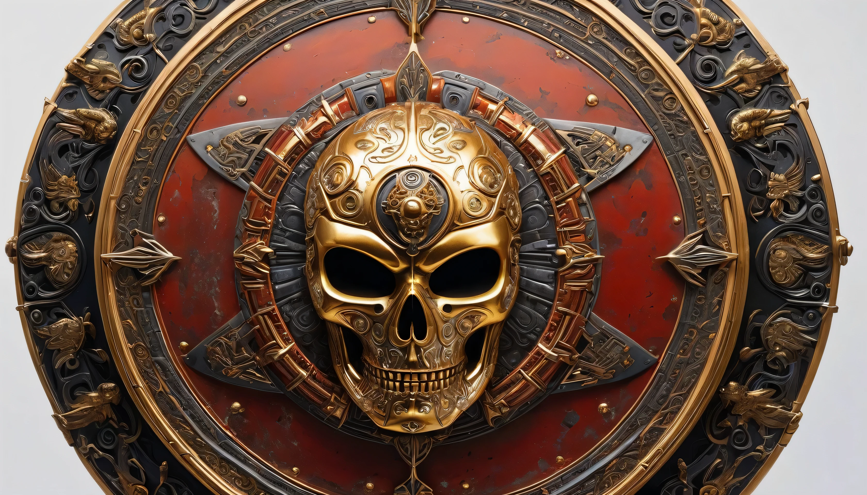 Imagine a scene where ancient traditions meet futuristic realms. Picture an ornate round shield, forged from the finest metals, adorned with intricate designs reminiscent of an era long past. At its center, a metallic gold skull, a symbol of both mortality and resilience, gleams with an otherworldly aura.
But this is no ordinary emblem of antiquity; it bears the insignia of Mars, the Red Planet, as seen in 'The Expanse.' Let your imagination meld the grandeur of a medieval knight's shield with the symbolism of Martian independence and exploration. What stories does this shield tell? What battles has it witnessed on distant worlds? How does it reflect the indomitable spirit of those who call Mars home? Explore these themes as you bring this unique fusion of history and science fiction to life through your art