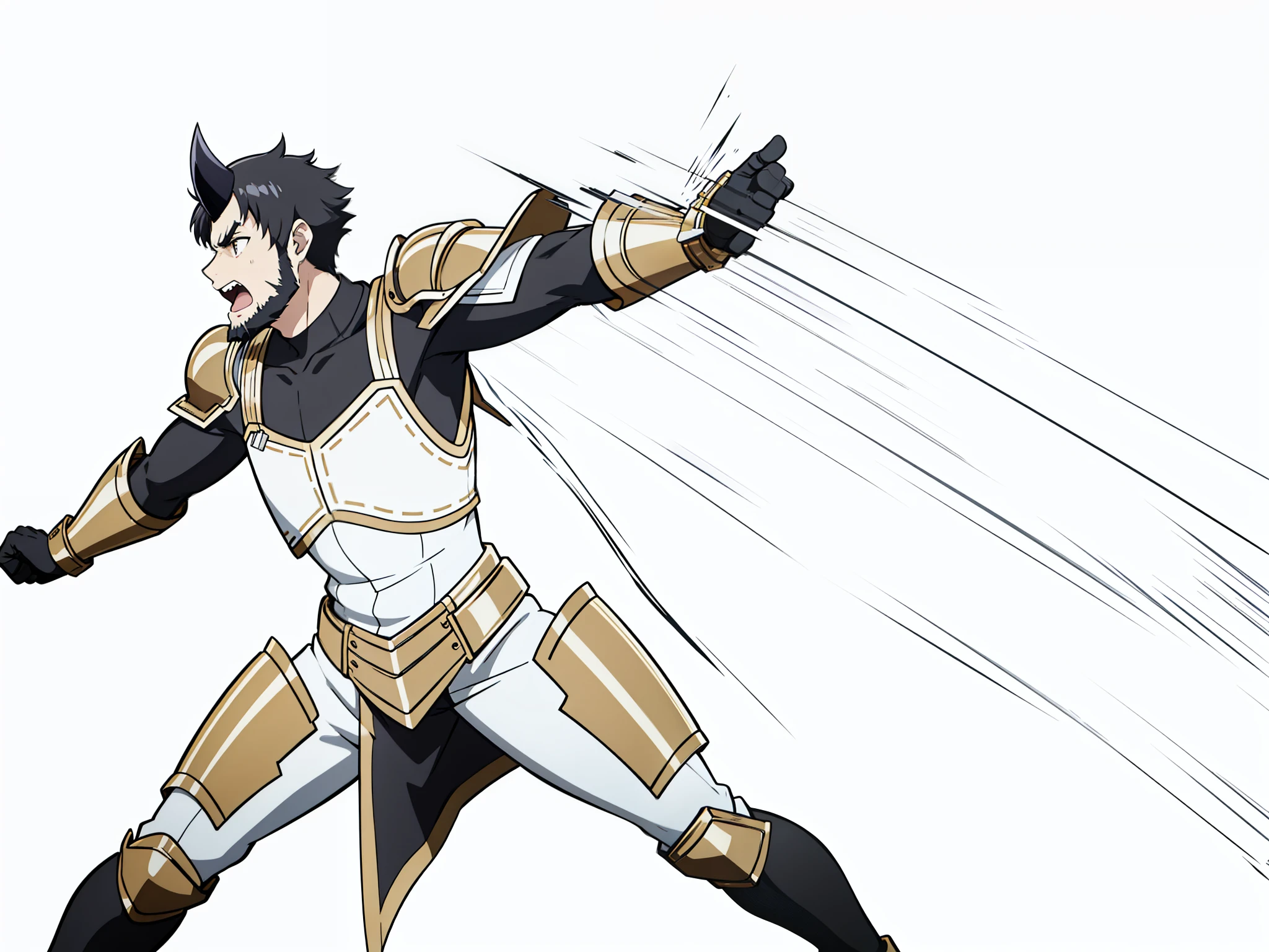 1boy,20 years old,solo,black horn,short hair,black hair,goatee,(golden armor),(white background,line drawing),angry,action pose,open mouth,attacking,reaching out,leaning forward,profile