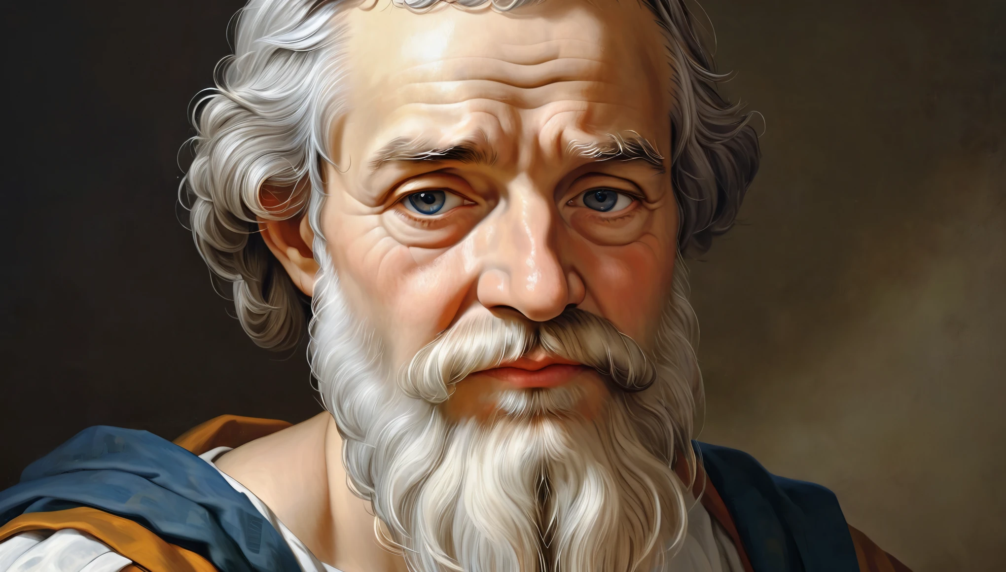 best quality,ultra-detailed,realistic portrait of Epictetus, stoic philosopher, with a serene expression and a wise gaze, finely captured emotions, intricate wrinkles on his forehead, and a well-groomed beard. The artwork should have a classical oil painting style, resembling a masterpiece from the Renaissance era, with impeccable brushstrokes and fine details on his face and clothing. The color palette should consist of warm earthy tones, including rich browns and deep blues, to create a sense of depth and contemplation. The lighting should be soft and diffuse, emphasizing the philosopher's wisdom and inner peace. The background should feature a simple but symbolic setting, such as a serene garden or a library filled with ancient books, to reflect Epictetus's intellectual pursuits and his connection with nature.