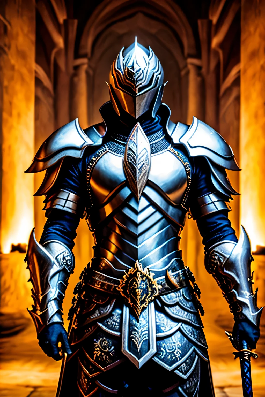 Um homem usando uma armadura completa negra, holding a sword with one hand, espada apoiada no ombro, em uma guerra.