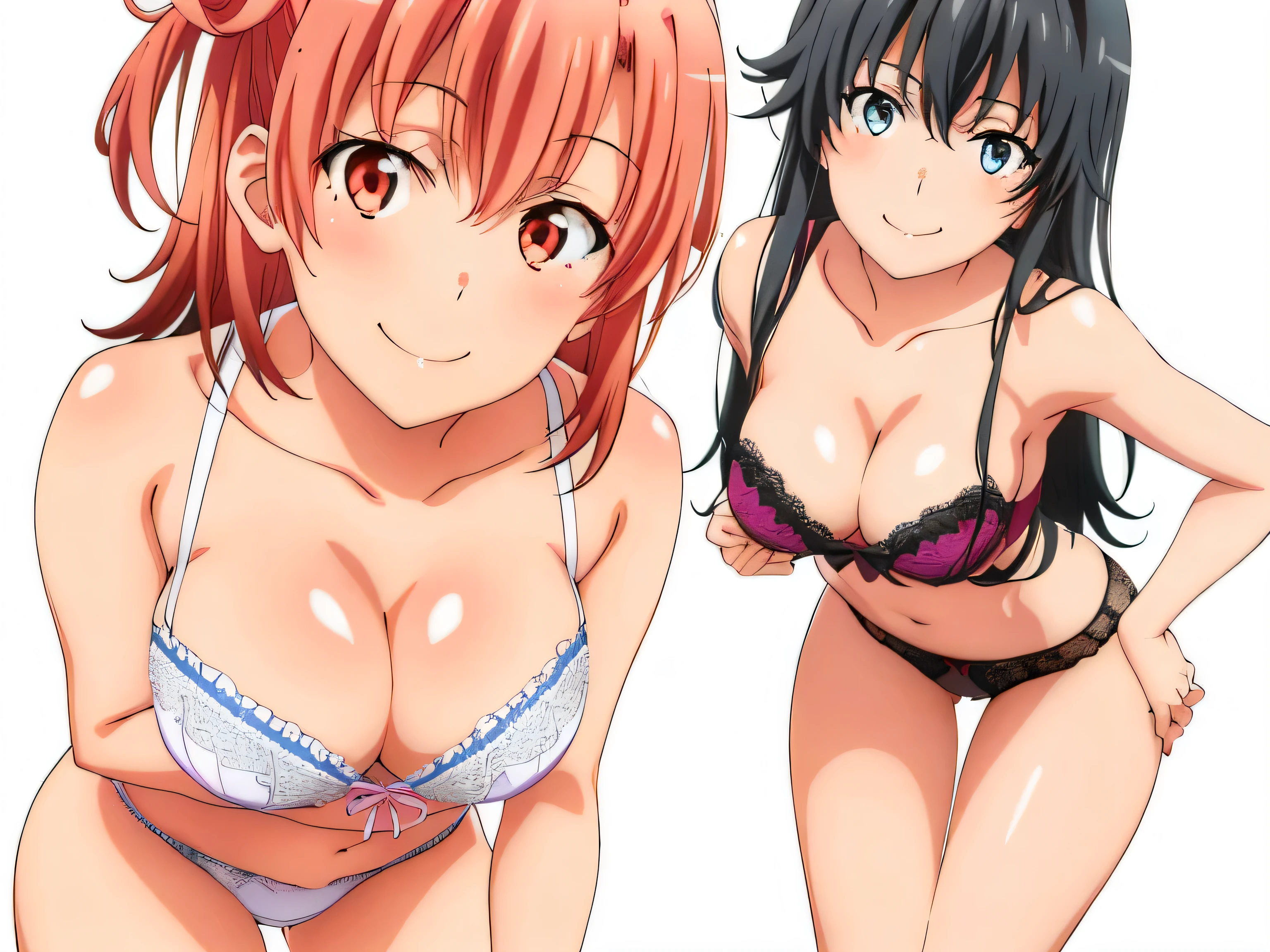 ((2 girls:1.0)), (Yuigahama Yui shapely breasts),(Yukinoshita Yukino),pin up,white underwear,Beautiful panties,(pussy),thigh nsfw,front,looking at camera,(high angle),smile,Fully visible up to the head,