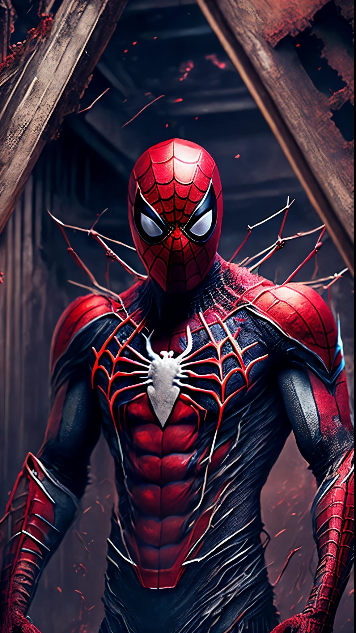 breathtaking cinematic science fiction photo of a portrait of a Grim spider-man, ripped skin, body full of wounds, inside a destroyed building, extremely menacing creature, highly detailed, award-winning