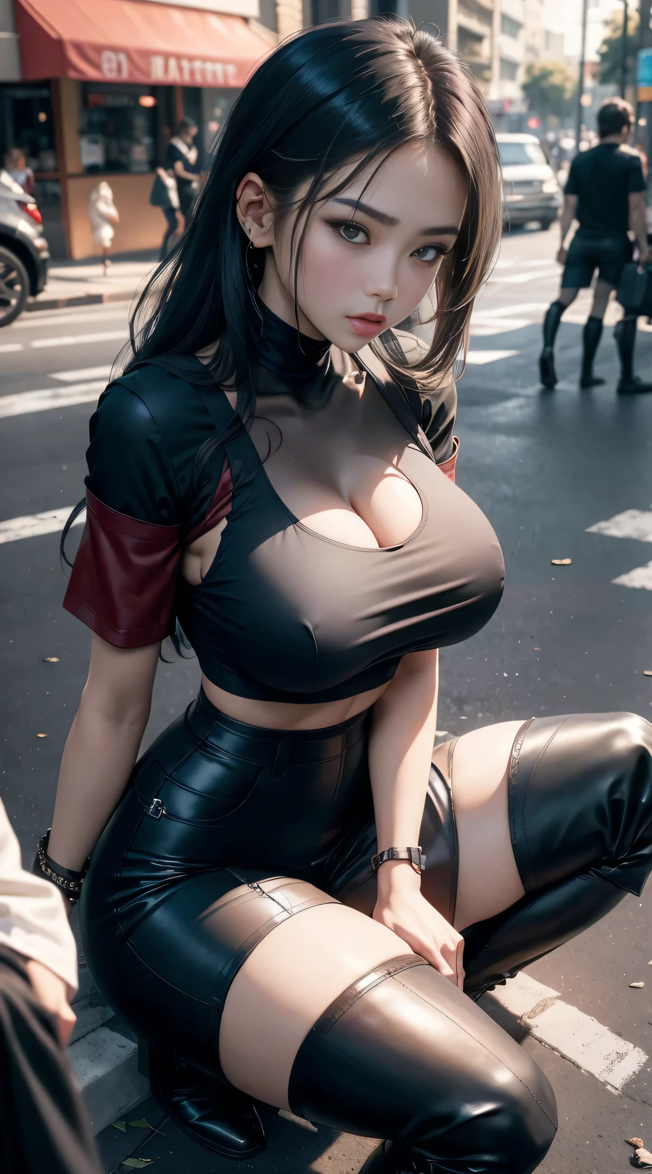 sfw, (squatting), ((sitting on the ground poses)), tmasterpiece,nood,8k resolution,LV short sleeve,Valencia Gas Stockings,((Long Black Tall Boots)),the street,bustling, wearing bra,((skinny waist)), young asian girl, ((big breasted)),