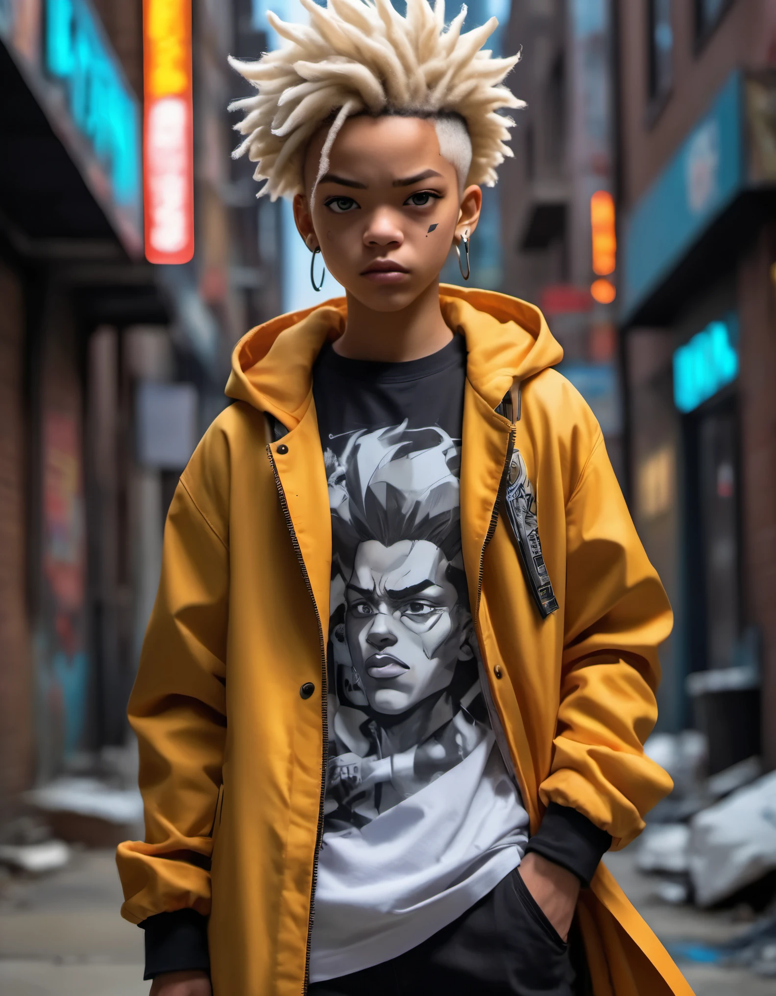 (high quality,4k,8k,highres,masterpiece:1.2),ultra-detailed,(realistic,photorealistic,photo-realistic:1.37),white-haired,confident expression,strong personality,fearless and rebellious attitude,stylish attire,punk fashion,graffiti background,dynamic pose,energetic vibe,colorful and vibrant palette,exaggerated and expressive lines,stylized shading,attention to facial features,comic book style highlights,sharp focus,high contrast,striking visual impact,DC COMIC inspired lighting,anime influenced aesthetics,attention to clothing details and textures,Riley Freeman from the Boondocks in his iconic coat,unique and memorable character design,attention to body proportions,background filled with urban elements,gritty and edgy atmosphere,visual storytelling through body language,capturing the essence of the character,eye-catching composition,animated and lively brushwork,bringing out Riley's charm and attitude,realistic portrayal of clothing folds and creases,dramatic lighting and shadows,showcasing Riley's confidence and resilience,creating a powerful and captivating image of Riley Freeman in Kamina style,DC COMIC inspired art style with Anime and 90 comic influences,celebrating the vibrant and rebellious spirit of the Boondocks in a visually stunning way.