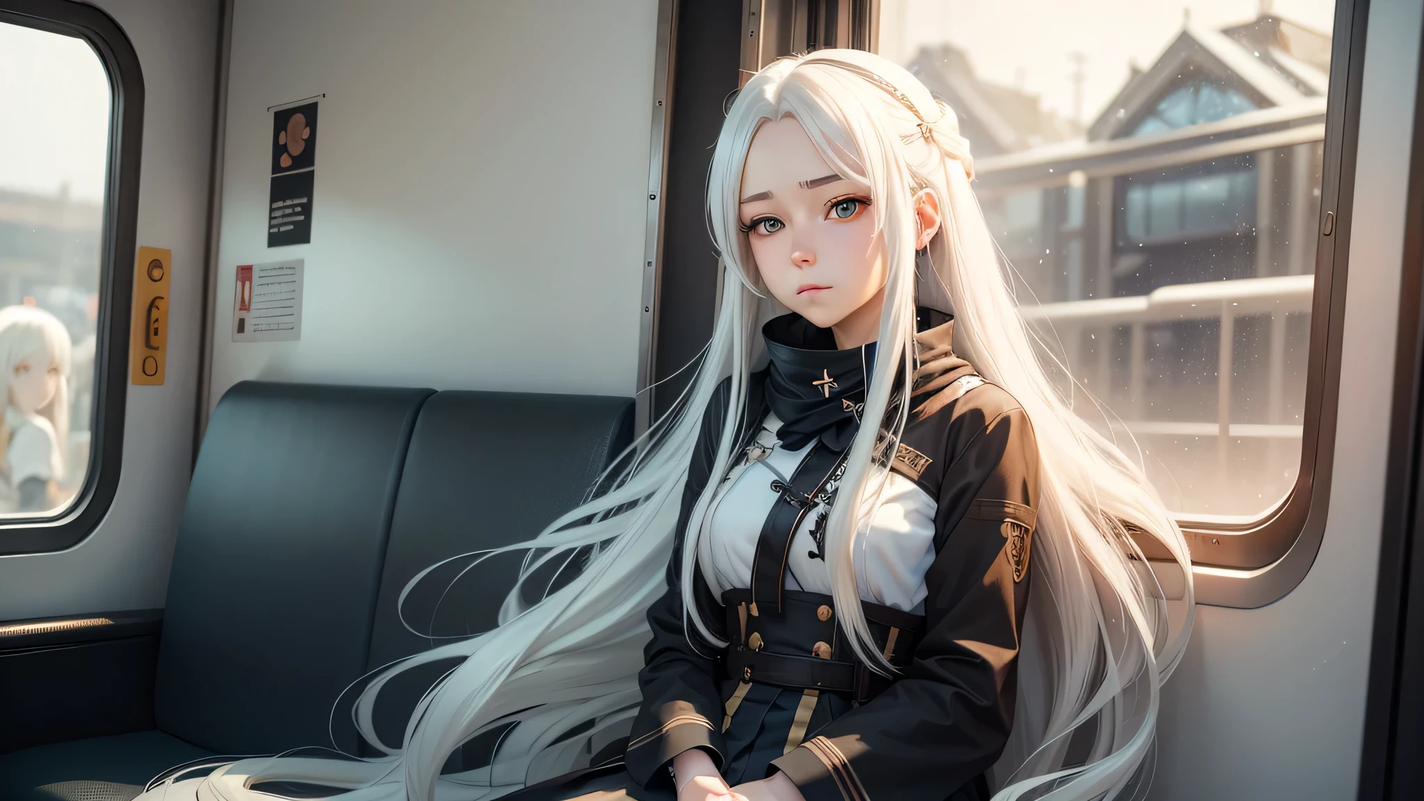 anime long hair girl sitting on a train looking out the window, anime atmosphere, 完美的white hair girl, Realistic anime art style, Realistic anime art style, anime long hair girl, Realistic anime 3D style, Beautiful anime portrait, white hair girl, Anime realistic style, realism art style, Gurwitz style artwork, anime style. 8k