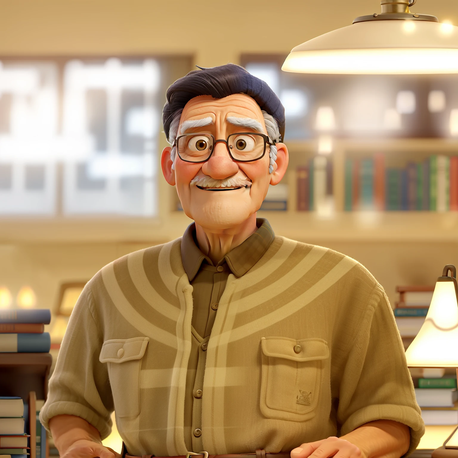 A wise old man standing in front, illuminated by the light of a lamp, against the backdrop of a library