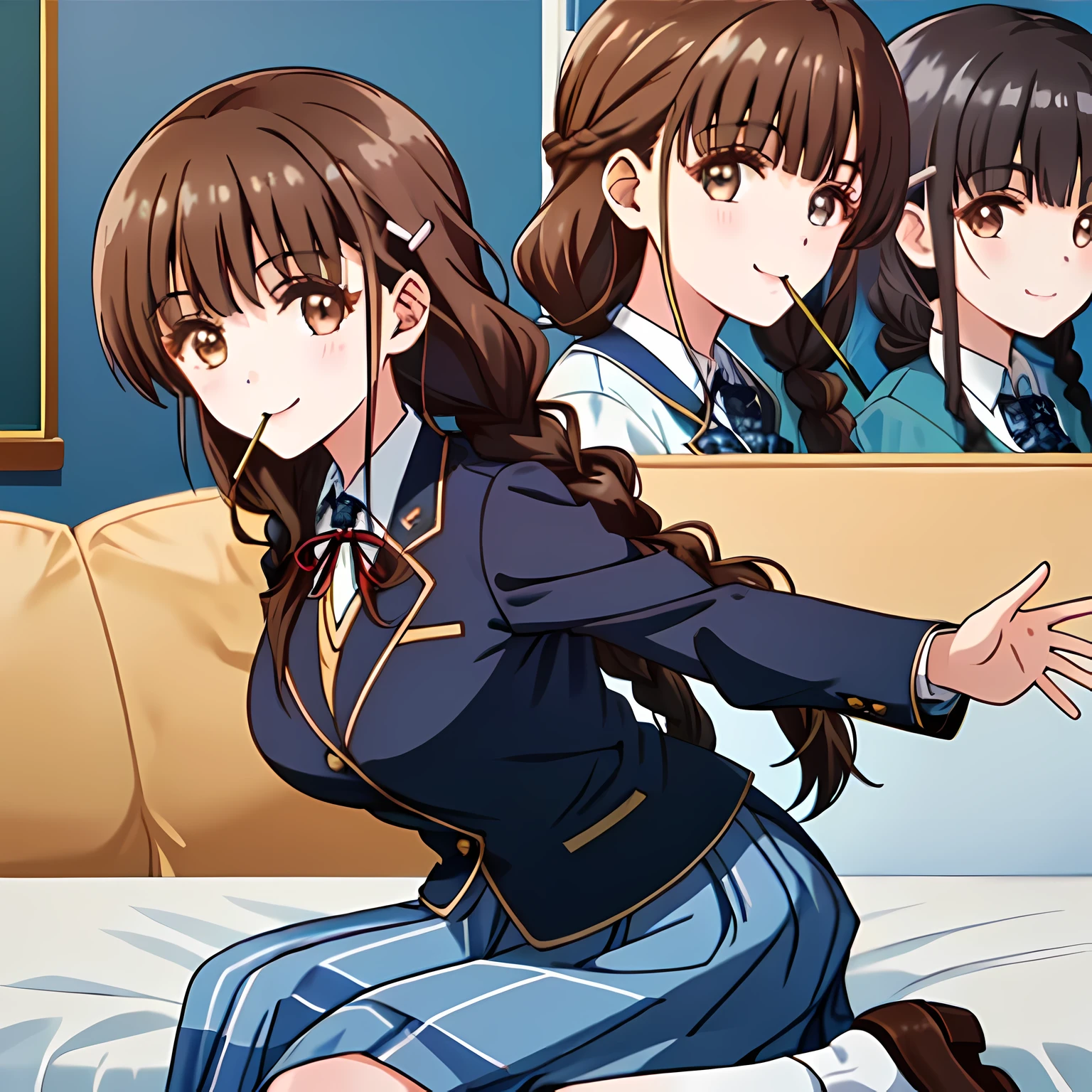 highest quality, (masterpiece:1.2), very detailed, A girl sitting on the bed looks at the viewer and smiles, Glossy lips that make you want to kiss, nice smile, big brown eyes, (((dark brown hair))), 15 years old, long braids, big shiny hair clip, school uniform, ((Light dark blue blazer with golden emblem on the left chest)), ((School ribbon with a very large emphasized navy blue stripe on the chest)), very shiny hair、laughter、bright look、Both face and hair catch the light and shine, The corners of the eyes are drooping, Cute braids, The expression of a maiden in love, (((The girl has a twin braid hairstyle))), ((((dark blue & Deep navy tartan check middle long skirt)))), A gentle and cute expression staring at the viewer, double eyelid, ((long eyelashes)), The background is a cute girl&#39;my room, round face, the skirt is very cute, brown leather shoes, ((shot from the side)), ((smile with your mouth wide open))