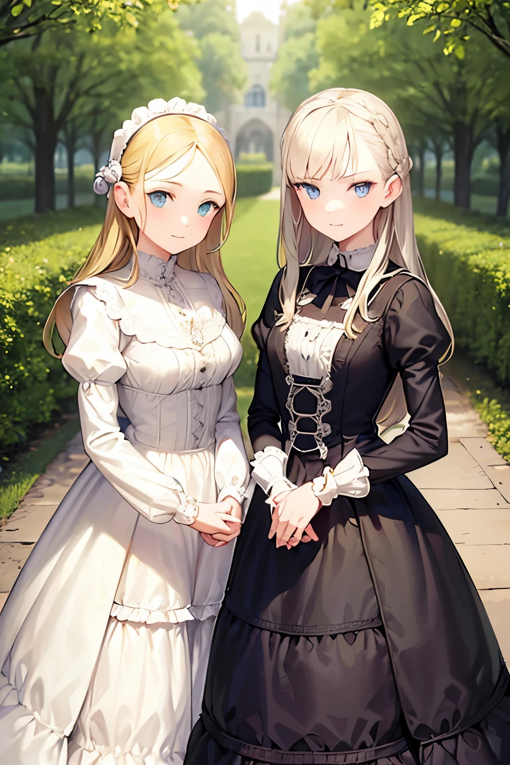 two girls, (Virginia Otis, (blond hair, blue eyes)) pose with (16 years oldald (blond hair, green eyes)). Victorian style. thin, cute face, walks at night in Canterville Castle (inspired by the novel The Canterville Ghost). aged 1887, Victorian dark fantasy